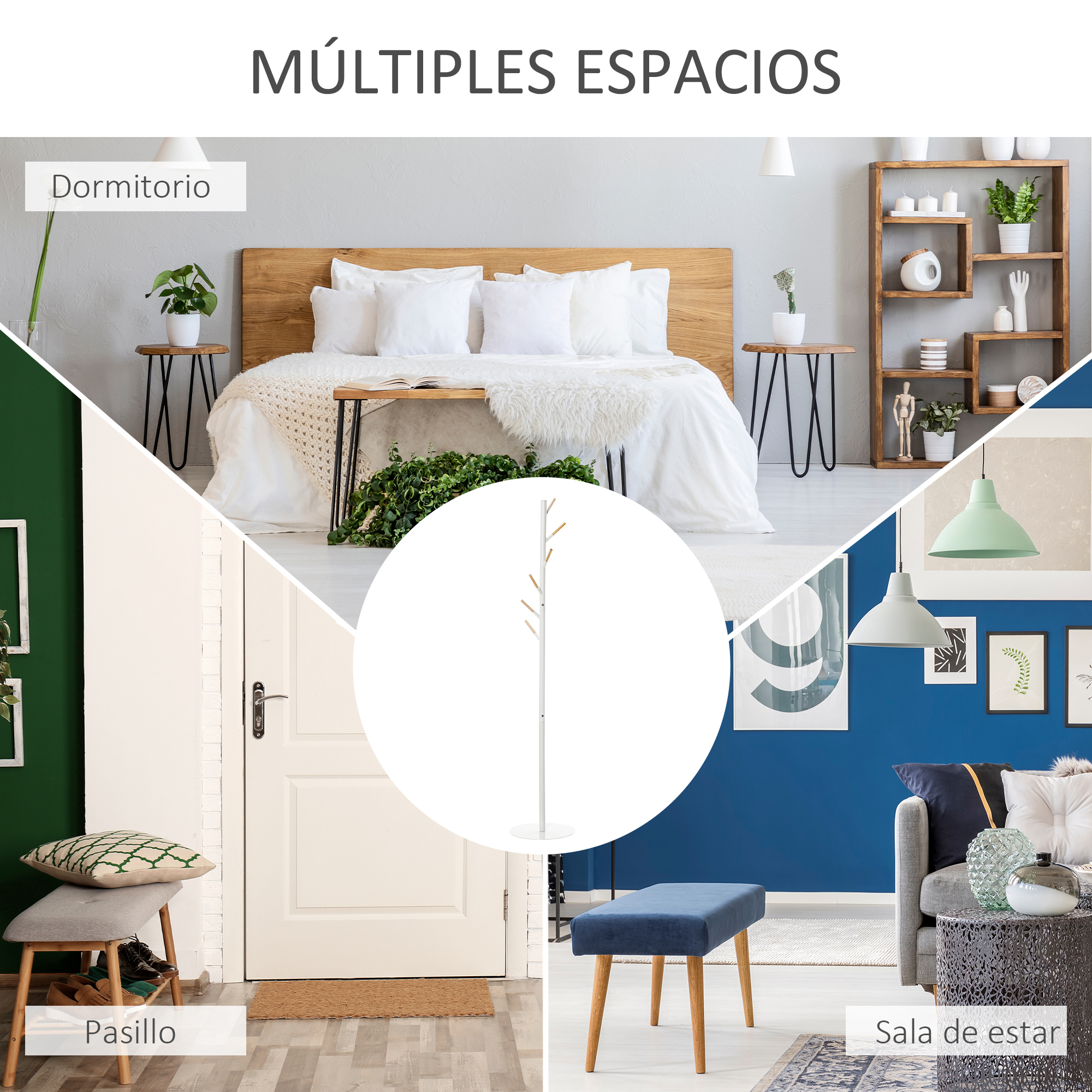 Collage de dormitorio, pasillo y sala de estar con muebles y decoración.