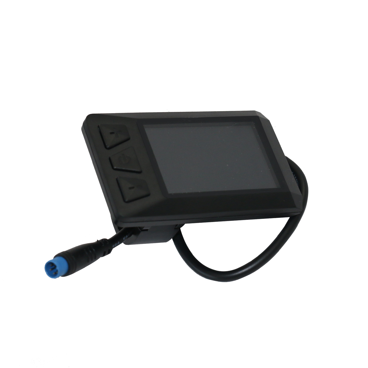 Czarny wyświetlacz roweru elektrycznego z trzema przyciskami i niebieskim złączem.