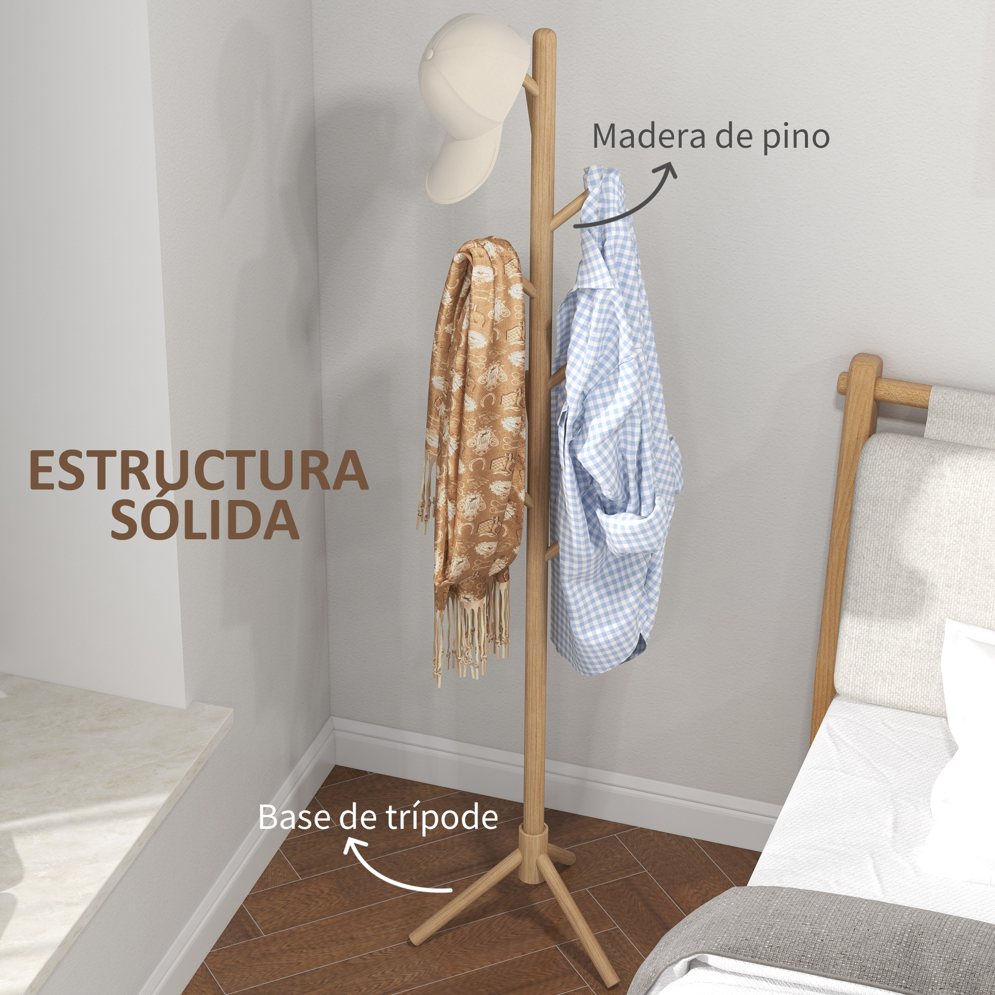Un perchero de madera con un sombrero, bufanda y camisa colgados.