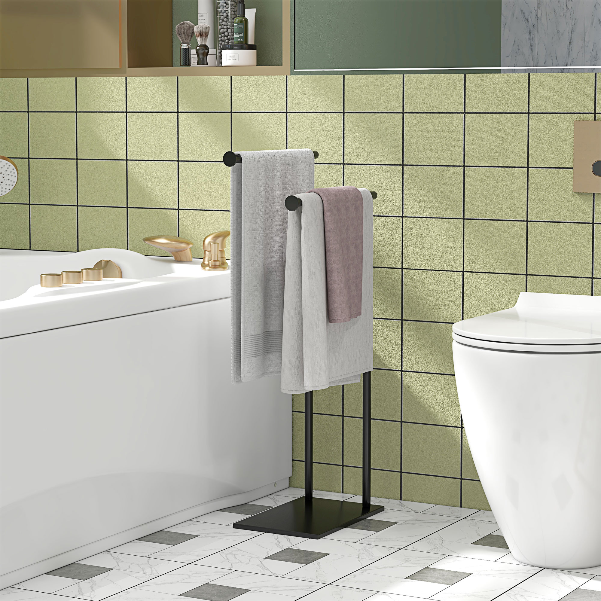Un baño moderno con bañera, inodoro y toallero.