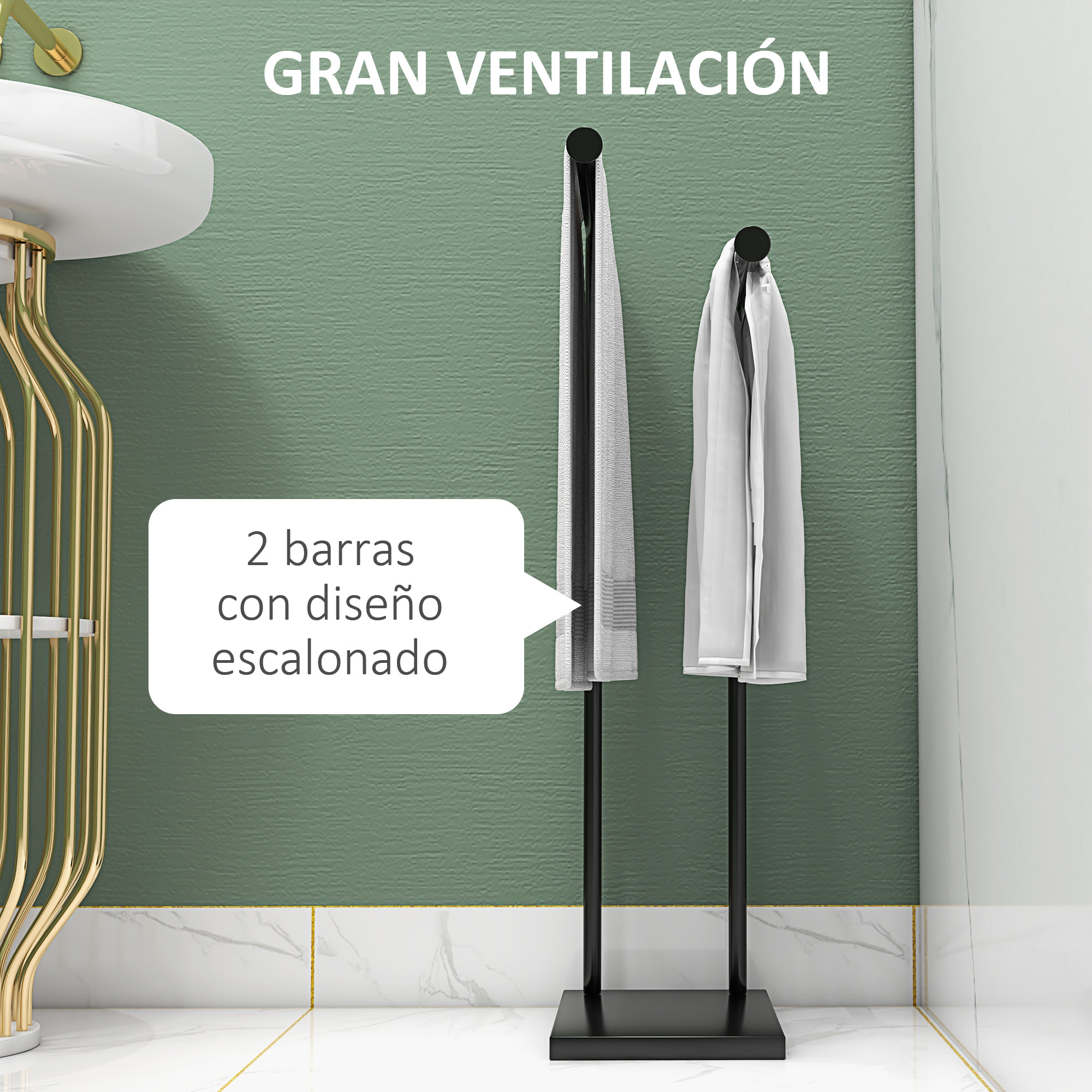 Dos toalleros negros con toallas blancas frente a una pared verde.