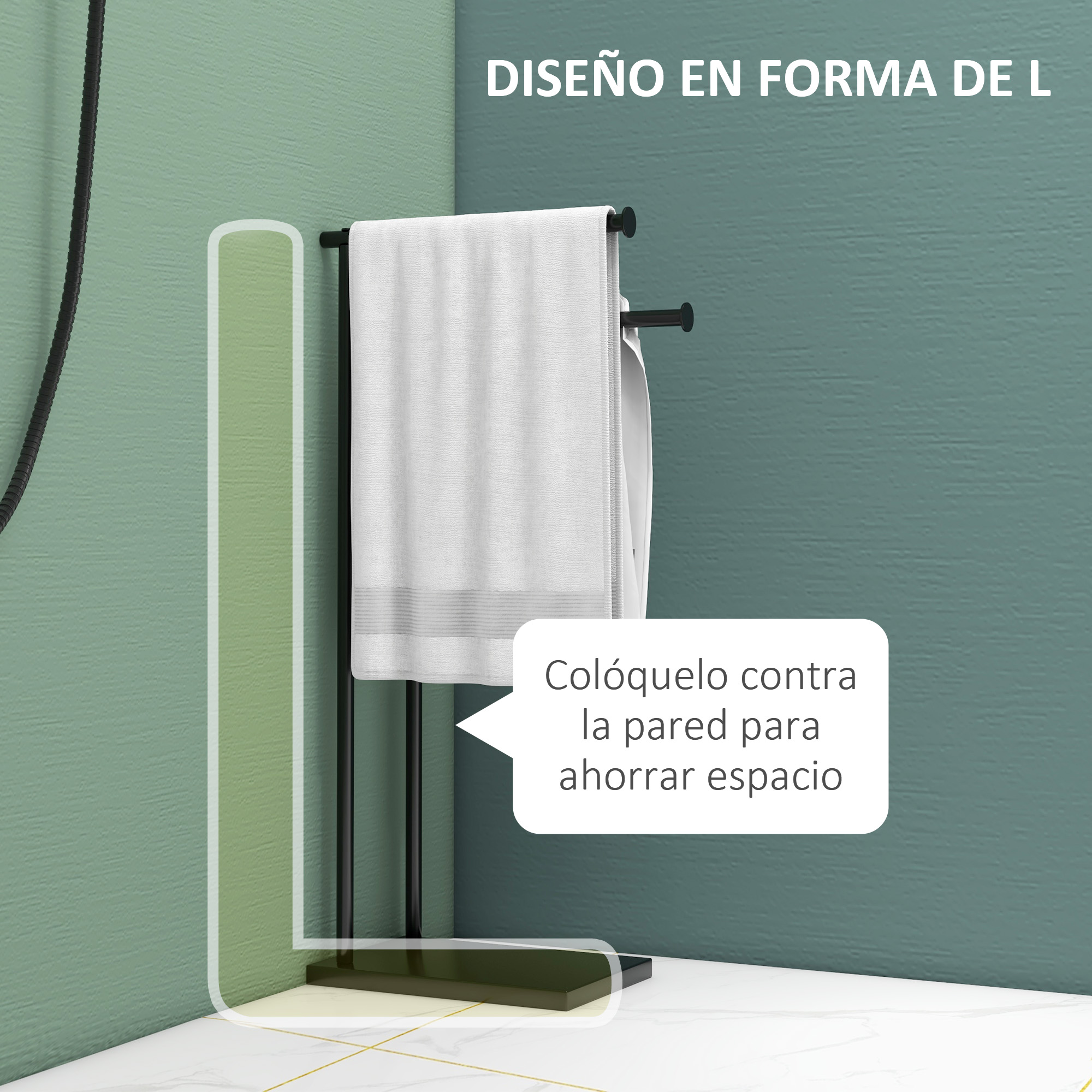 Un toallero negro en forma de L con una toalla blanca contra pared turquesa.