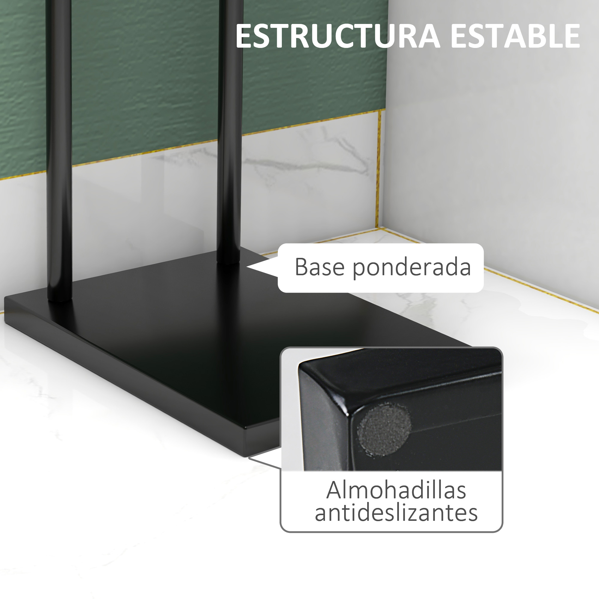 Base negra estable con almohadillas antideslizantes en suelo de mármol.