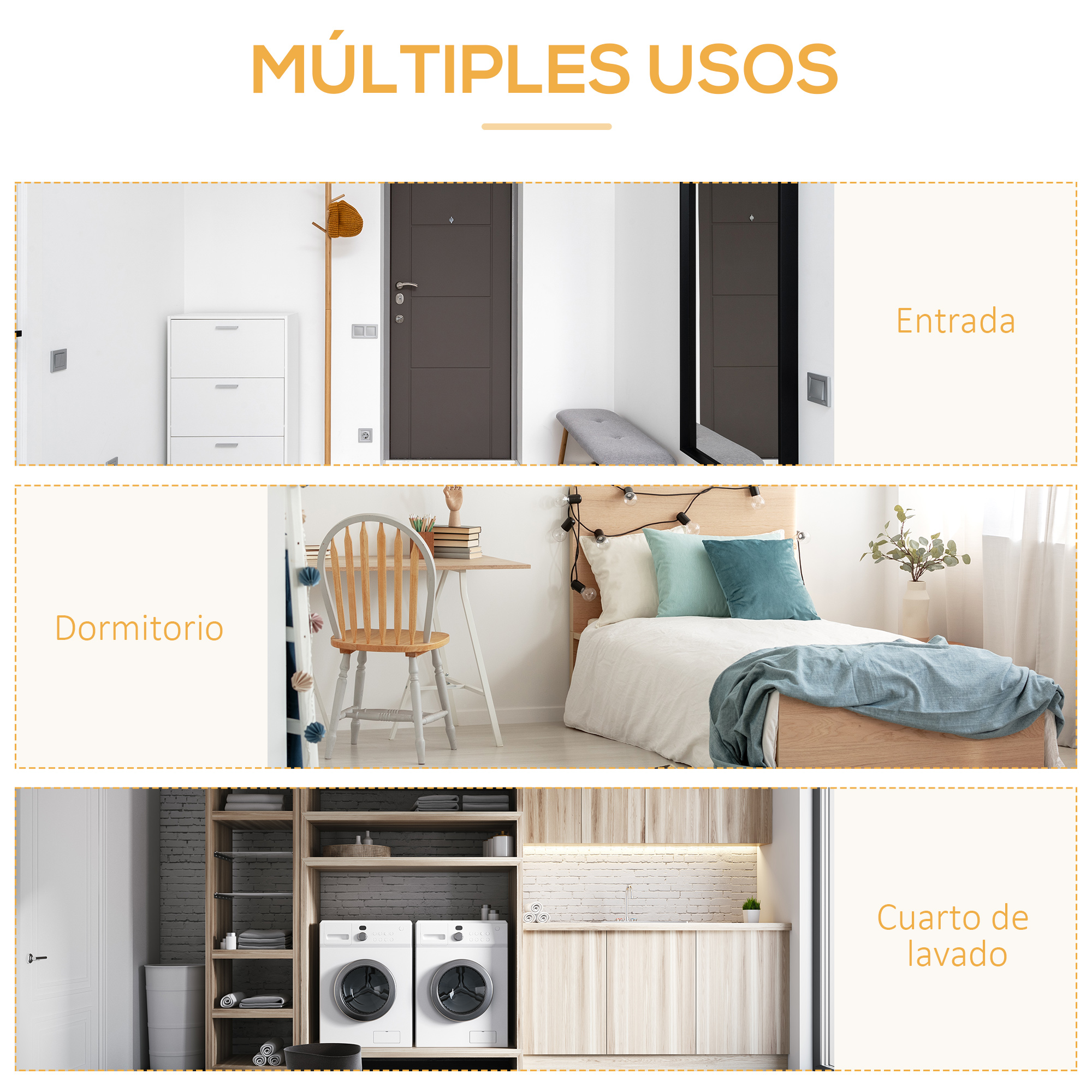 Entrada con zapatero, dormitorio con escritorio y cama, lavadero con máquinas.
