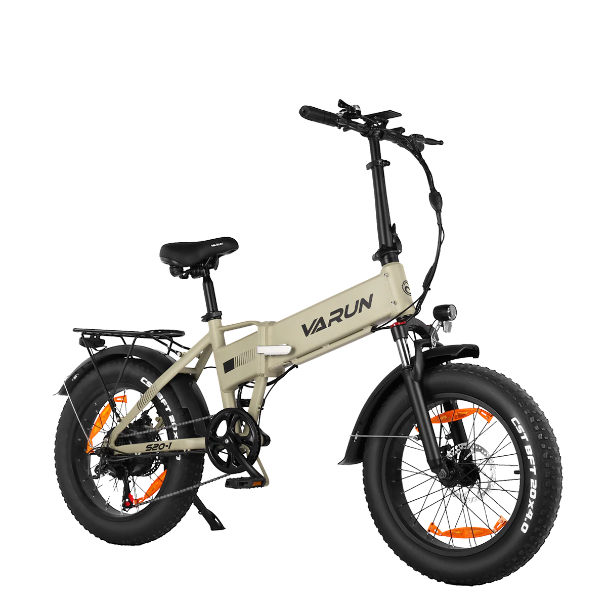 Beżowy składany rower elektryczny z grubymi oponami i bagażnikiem.