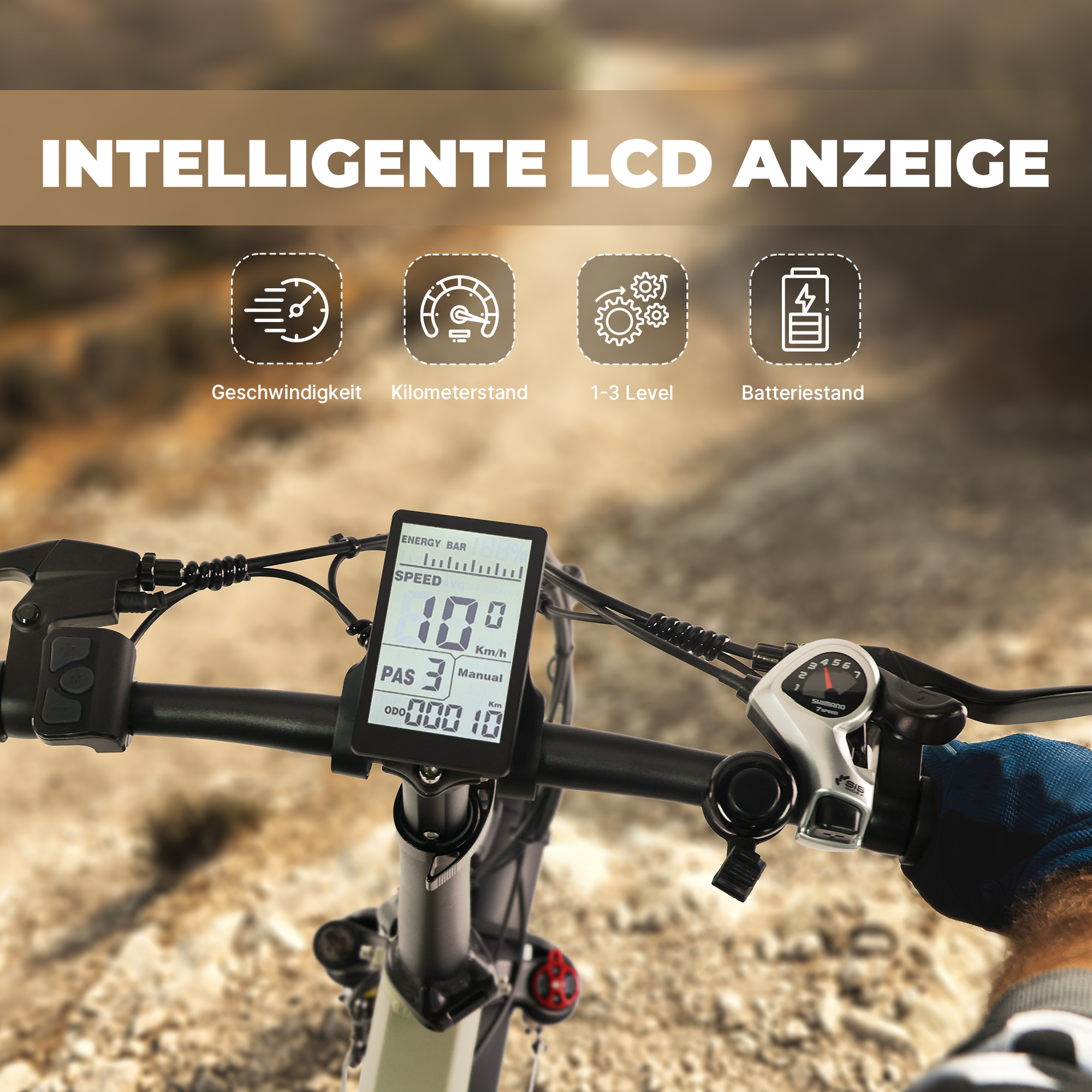 Zbliżenie kierownicy roweru elektrycznego z wyświetlaczem LCD pokazującym prędkość, poziom PAS i baterię.