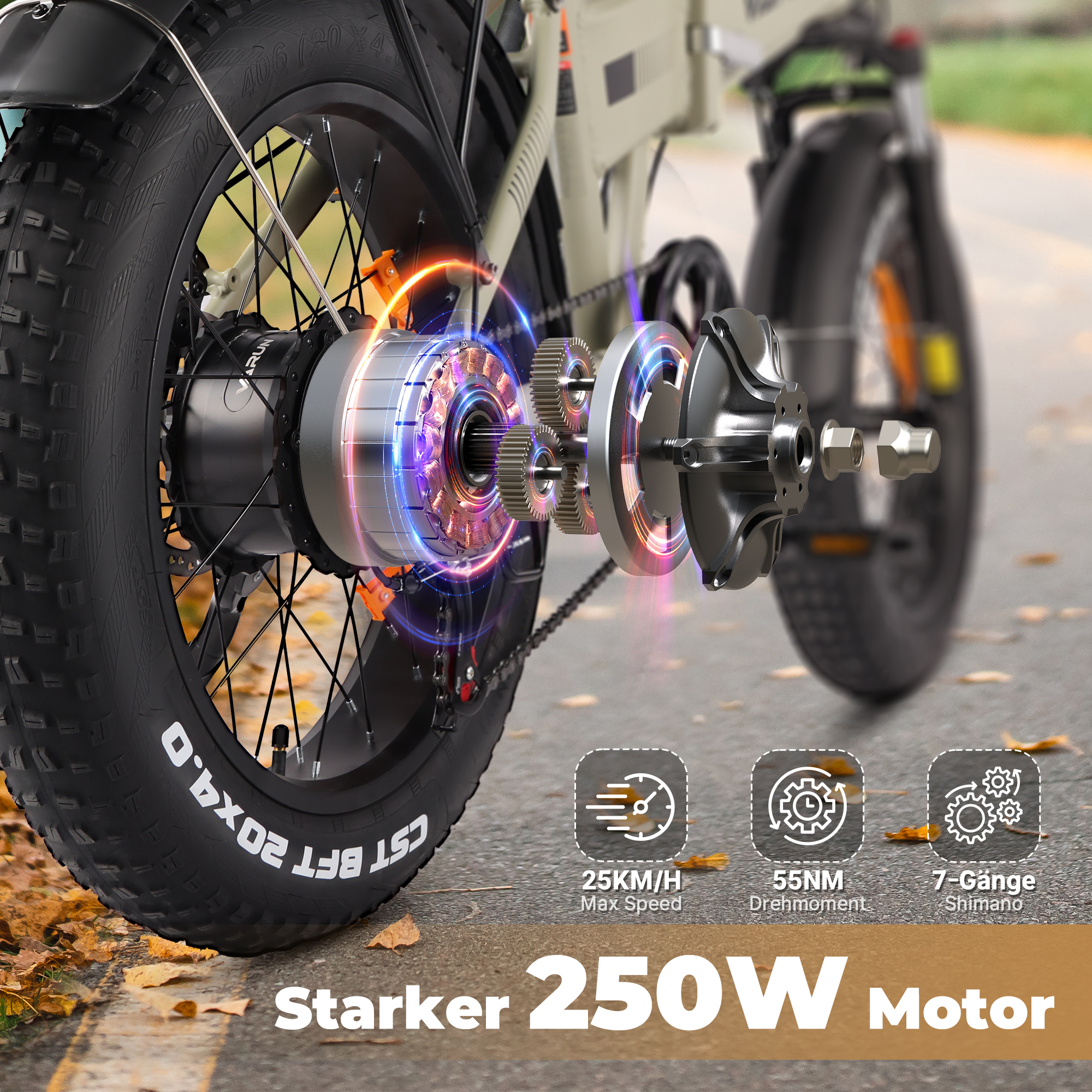 Zbliżenie silnika roweru elektrycznego z zębatkami i kołem.