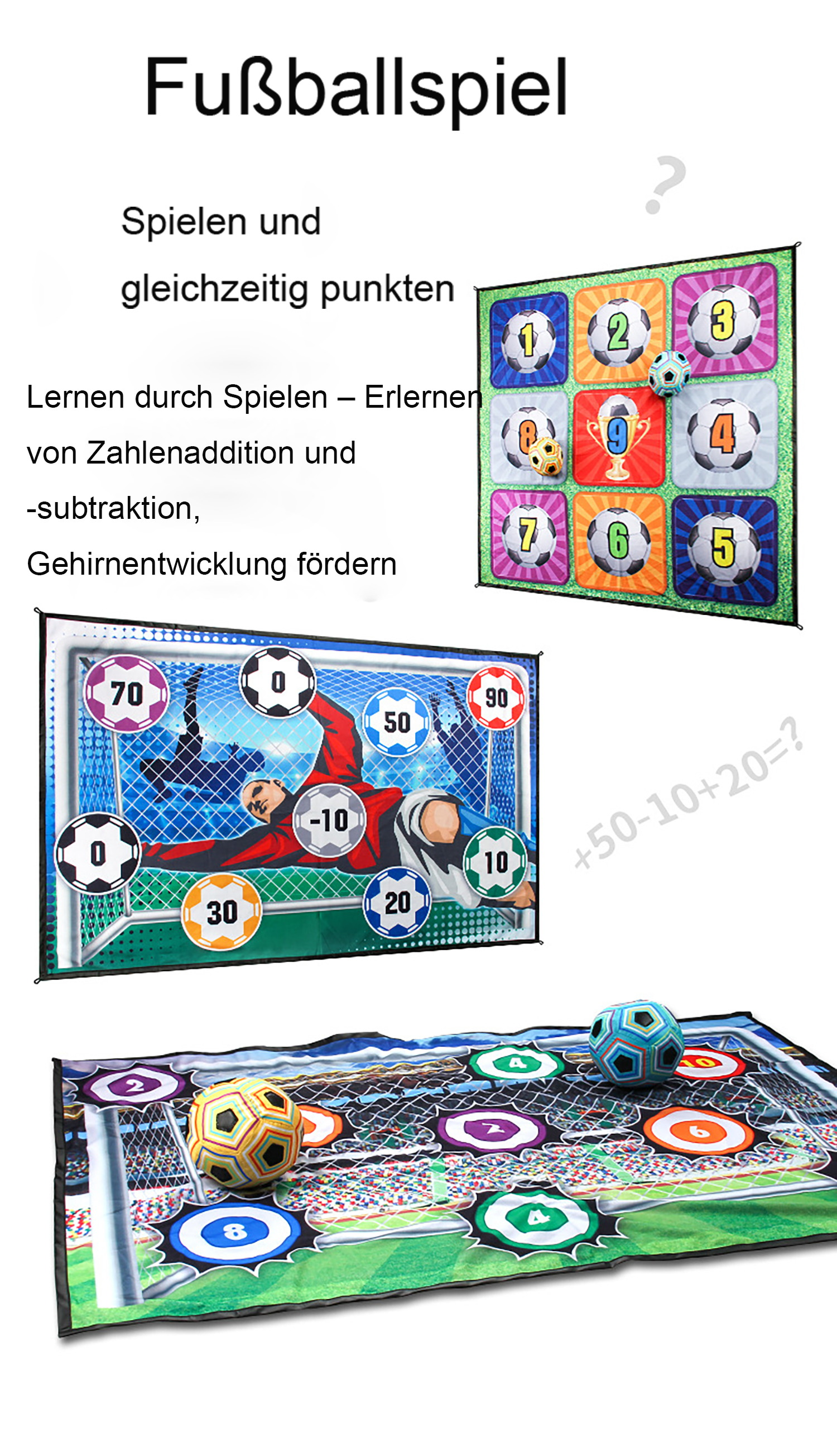 Fußballspielmatte mit Zahlen und Fußbällen, sowie eine Torwand mit Torwart.