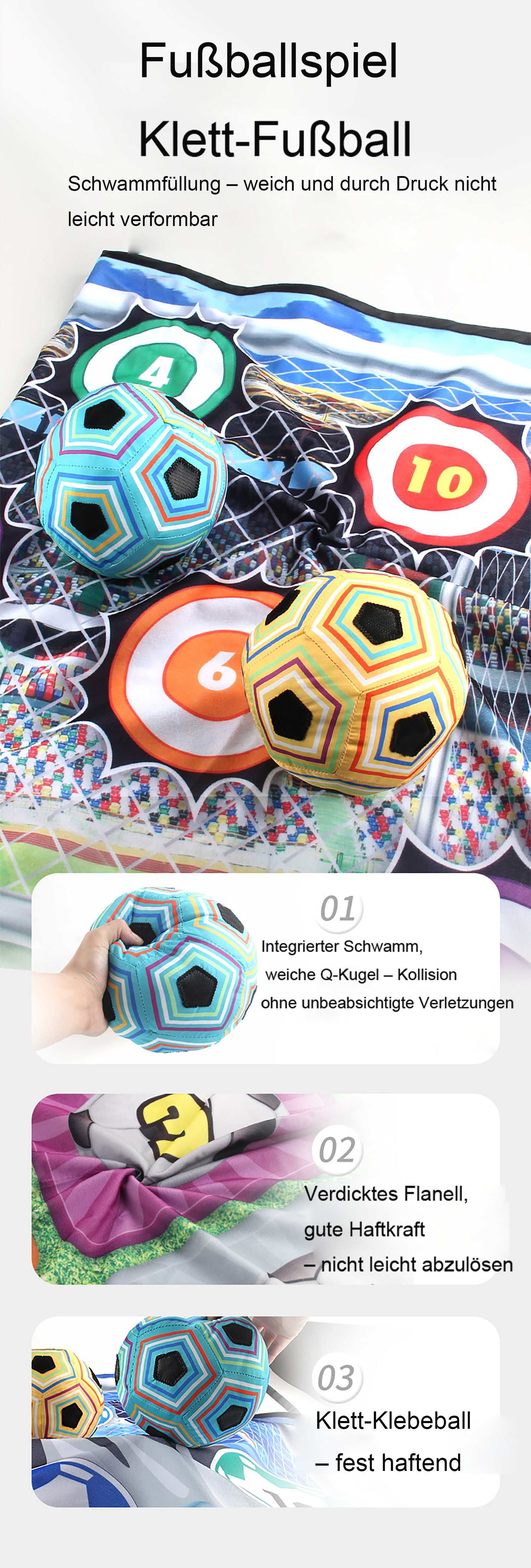 Fußballspiel mit Klett-Fußbällen auf Spielfeldmatte. Schwammfüllung, Flanell, Klett.