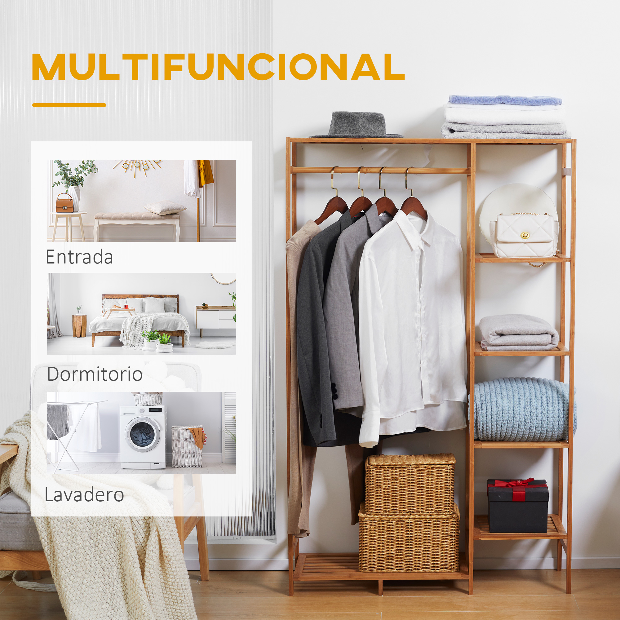 Perchero de bambú con ropa, sombrero, bolsos, cestas y mantas.