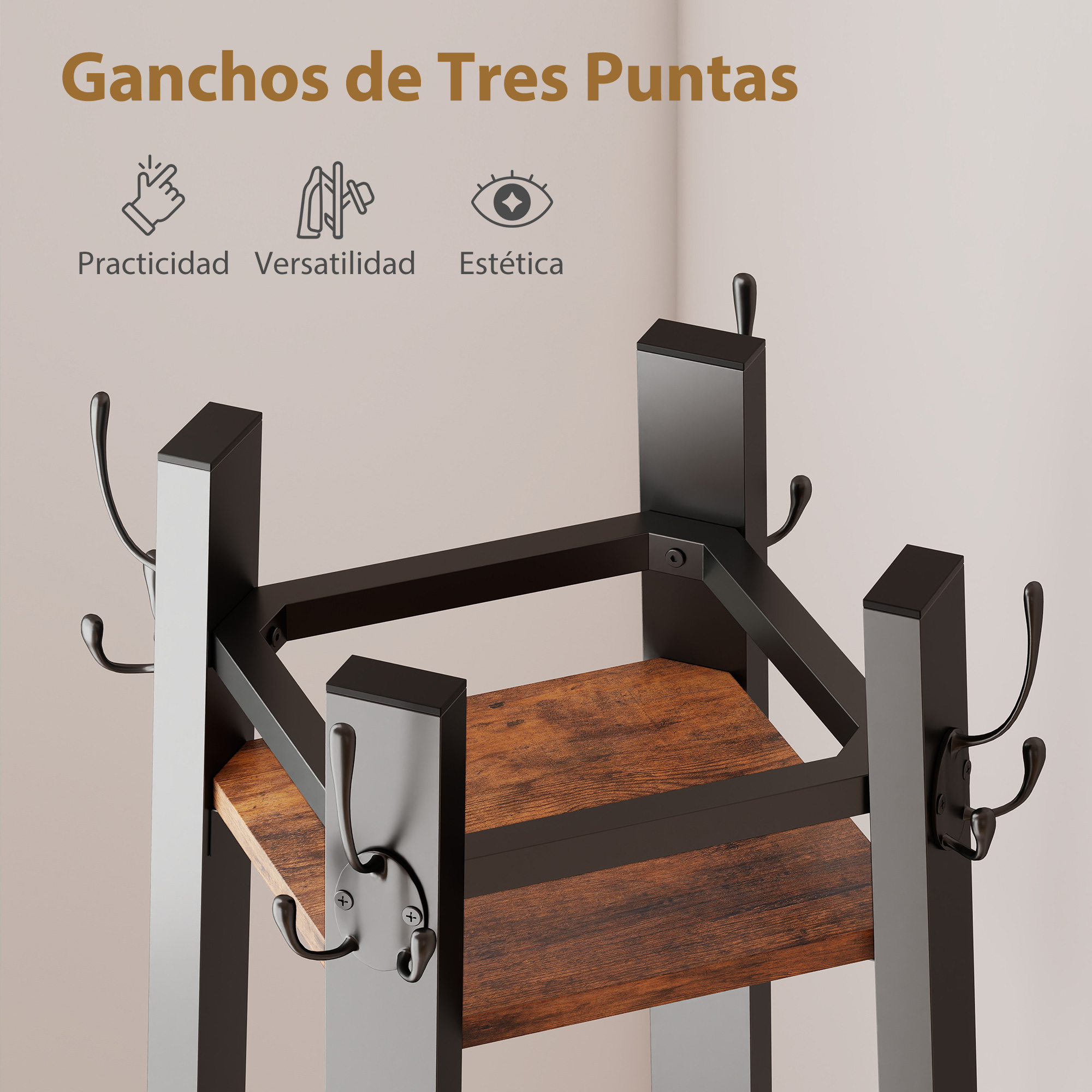 Un perchero negro con estantes de madera y ganchos.