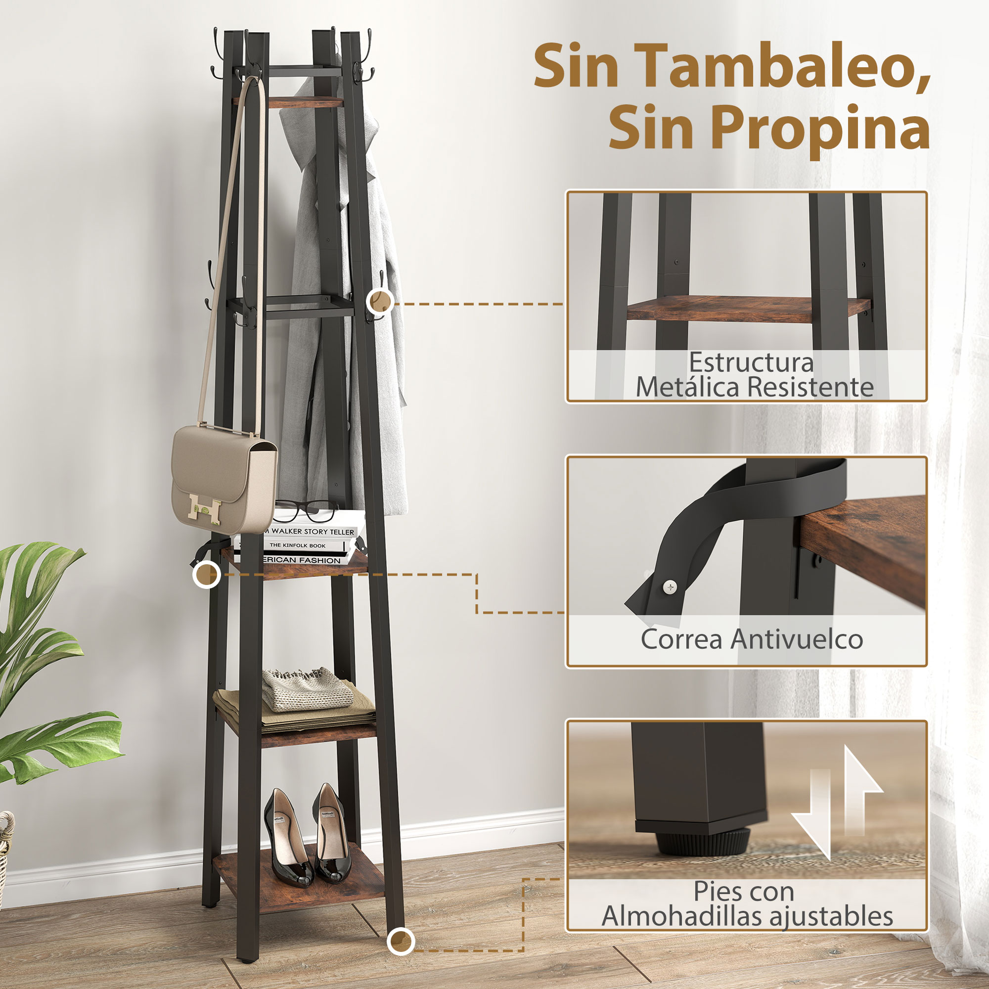Perchero oscuro con estantes de madera, con ropa, bolso, zapatos y libros.