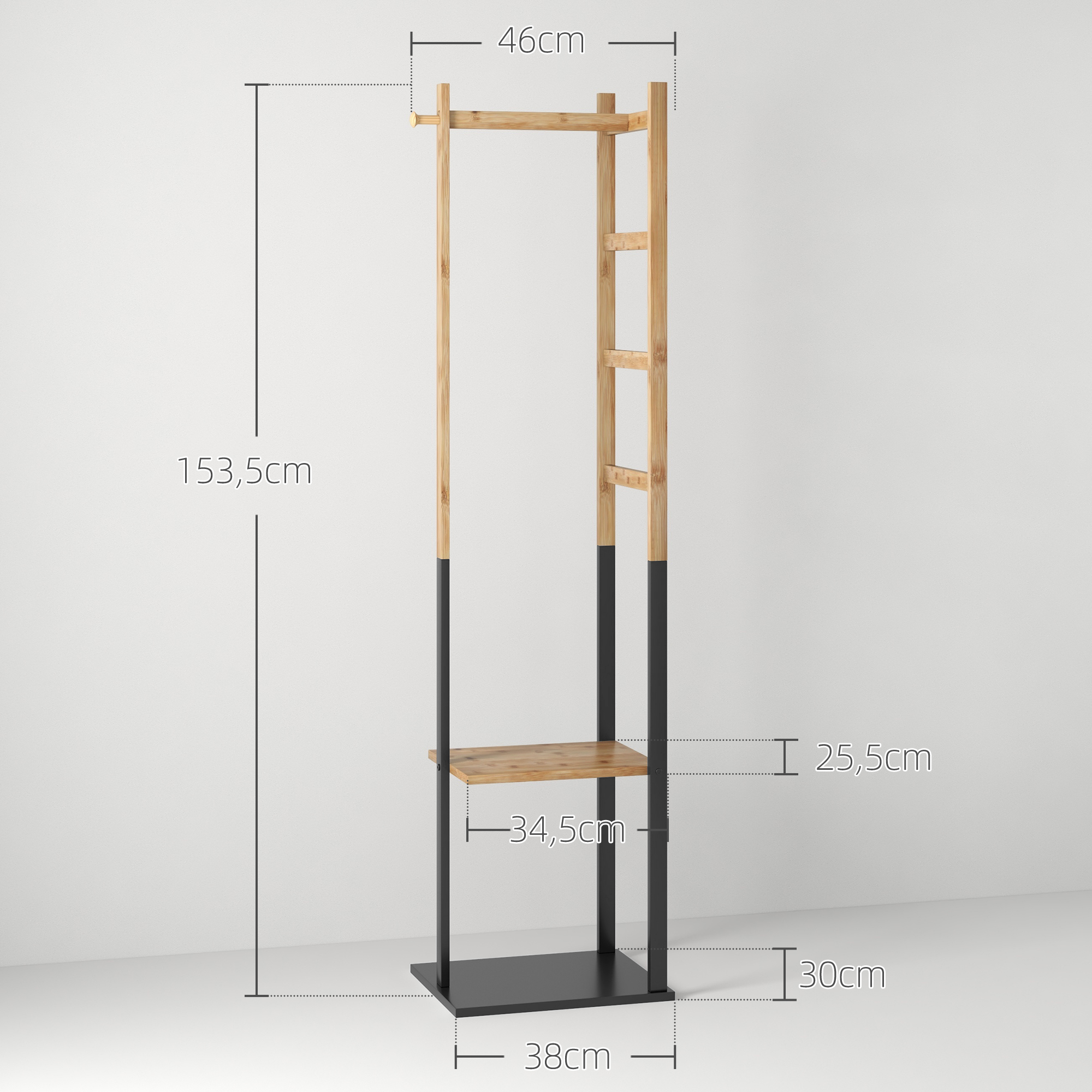 Un perchero de madera y metal con dimensiones: Alto 153.5cm, Ancho 46cm, Fondo 38cm.