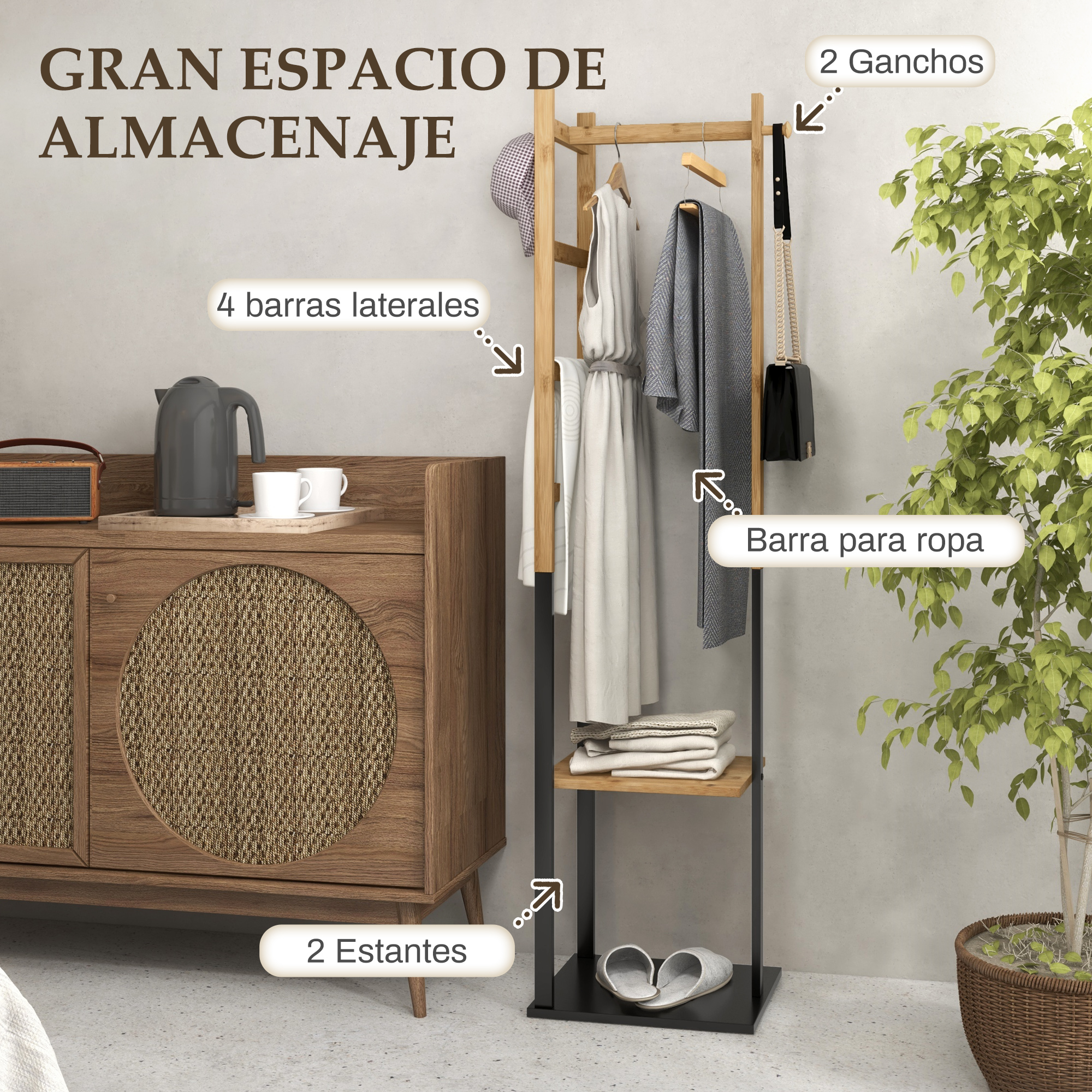 Un perchero con ropa, bolsos y zapatos junto a un mueble de madera.