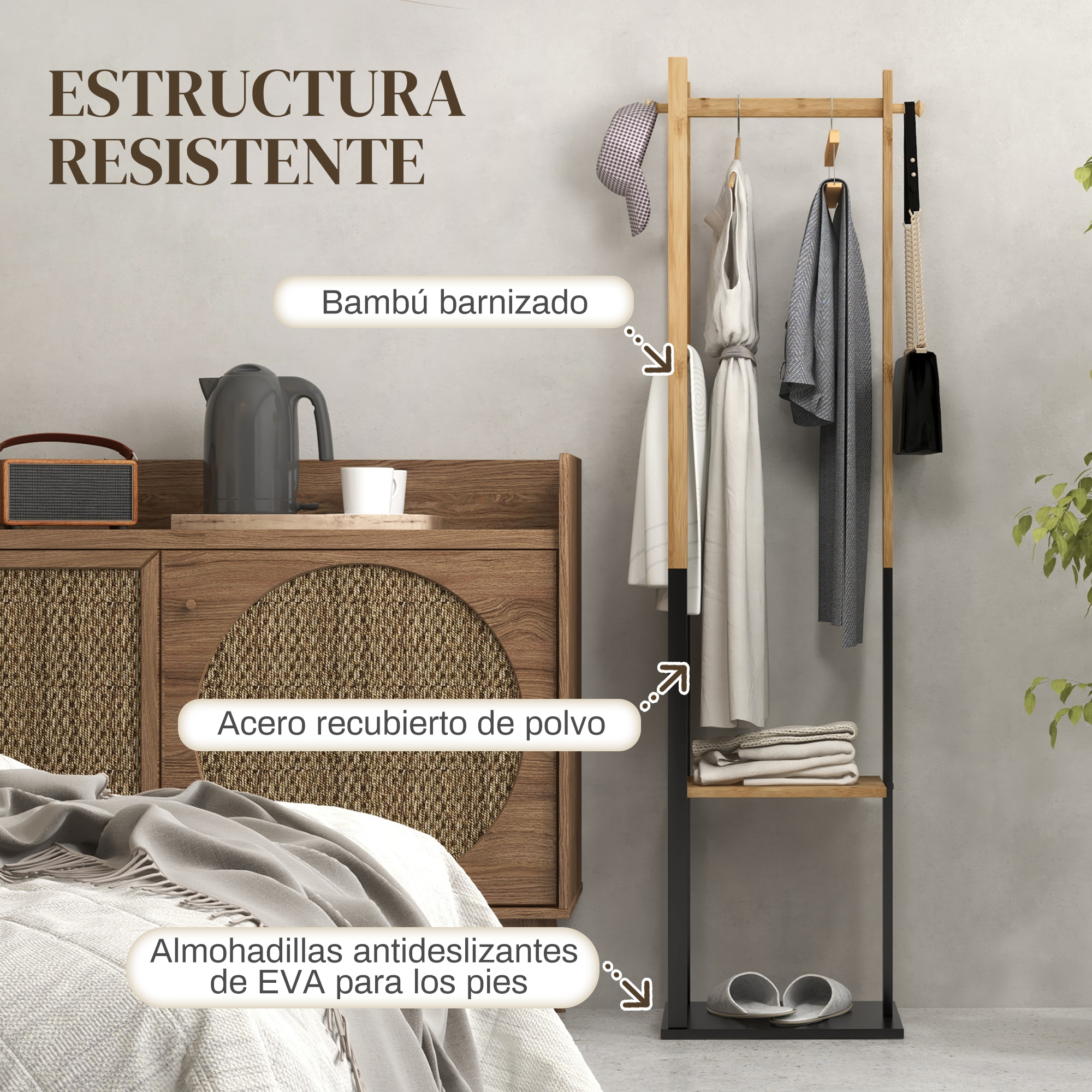 Un perchero de bambú y metal negro junto a un armario de madera con ropa.