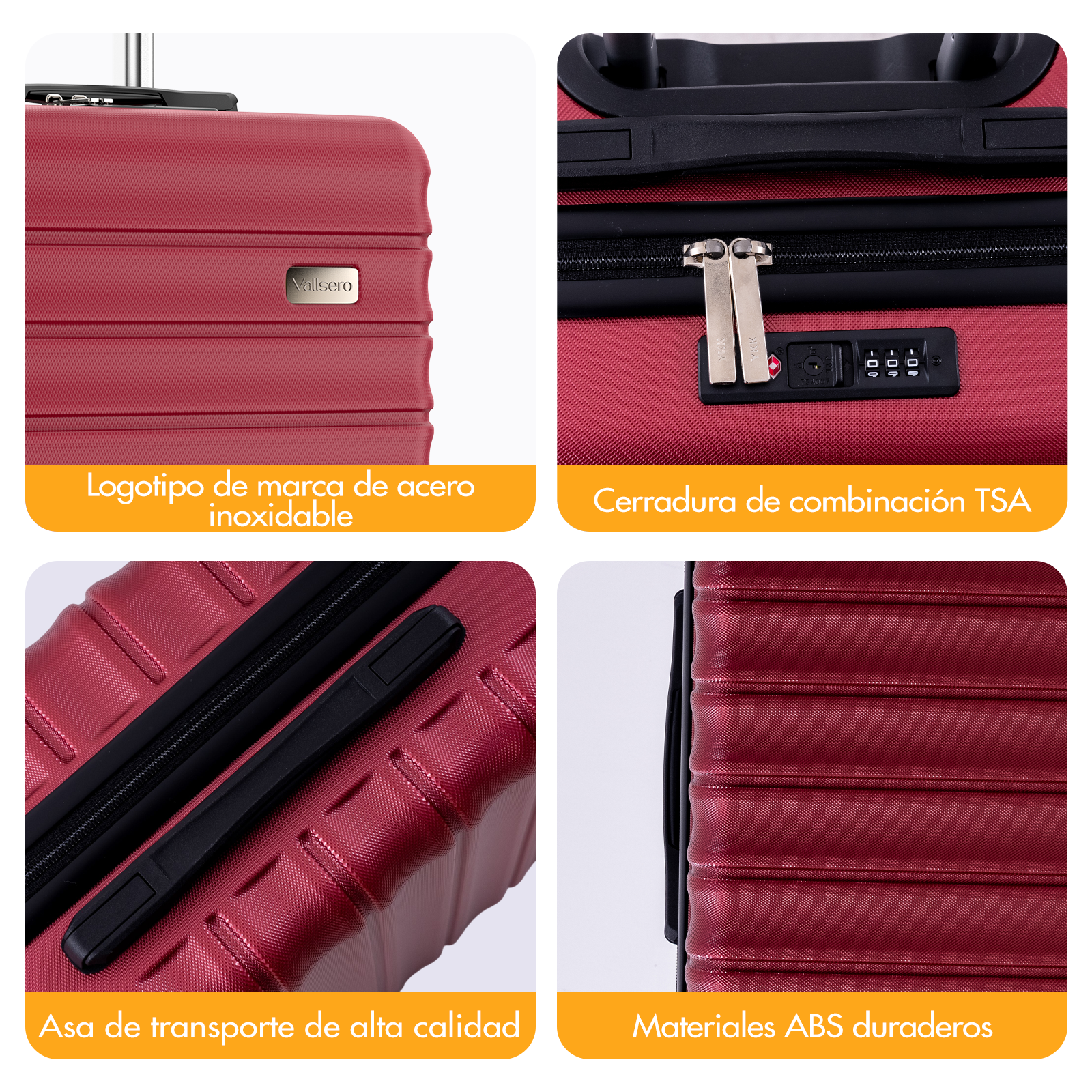 Maleta roja con cerradura TSA, logo de acero, asa y material ABS.