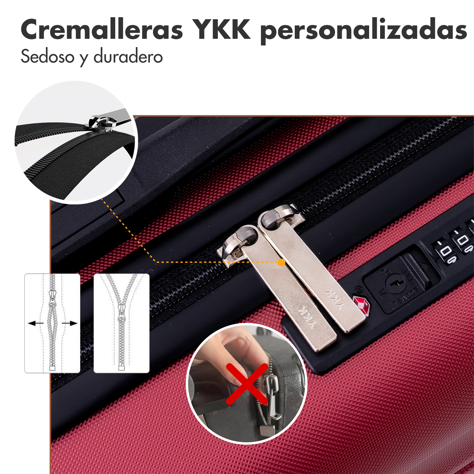 Primer plano de cremalleras YKK en una maleta roja con cerradura TSA.