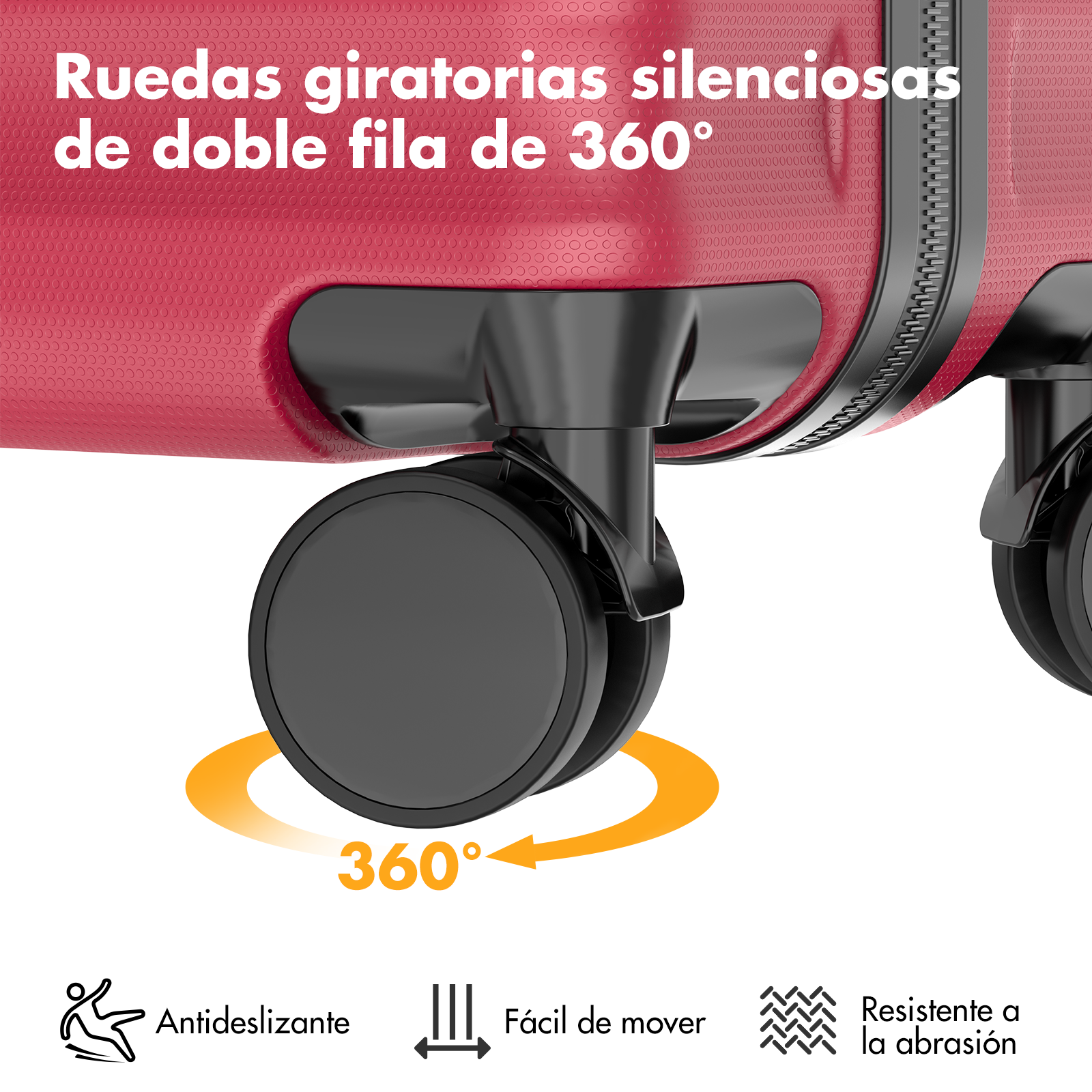 Maleta roja con ruedas dobles 360°, antideslizante, fácil de mover, resistente.