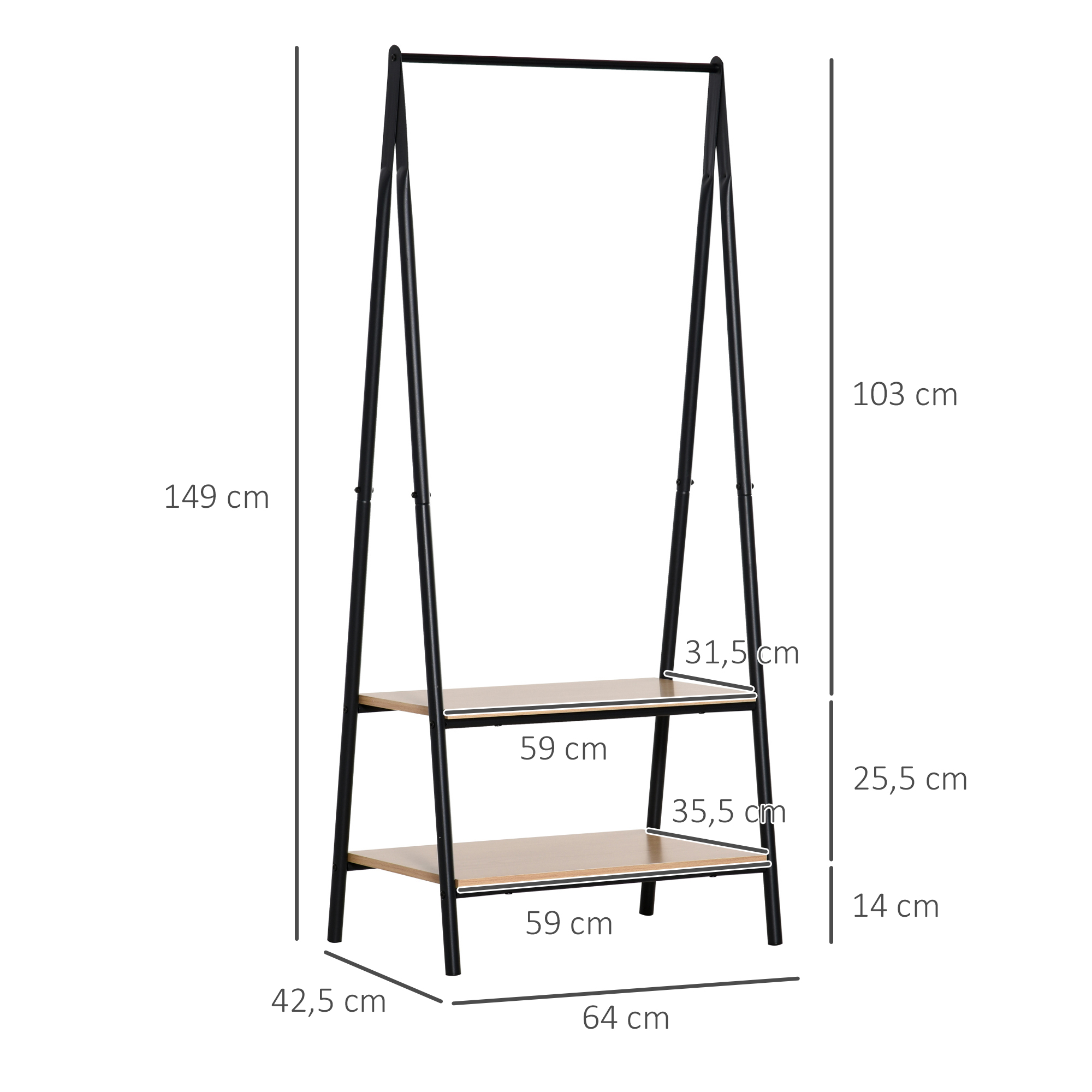 Un perchero negro de metal con dos estantes de madera. Dimensiones indicadas.
