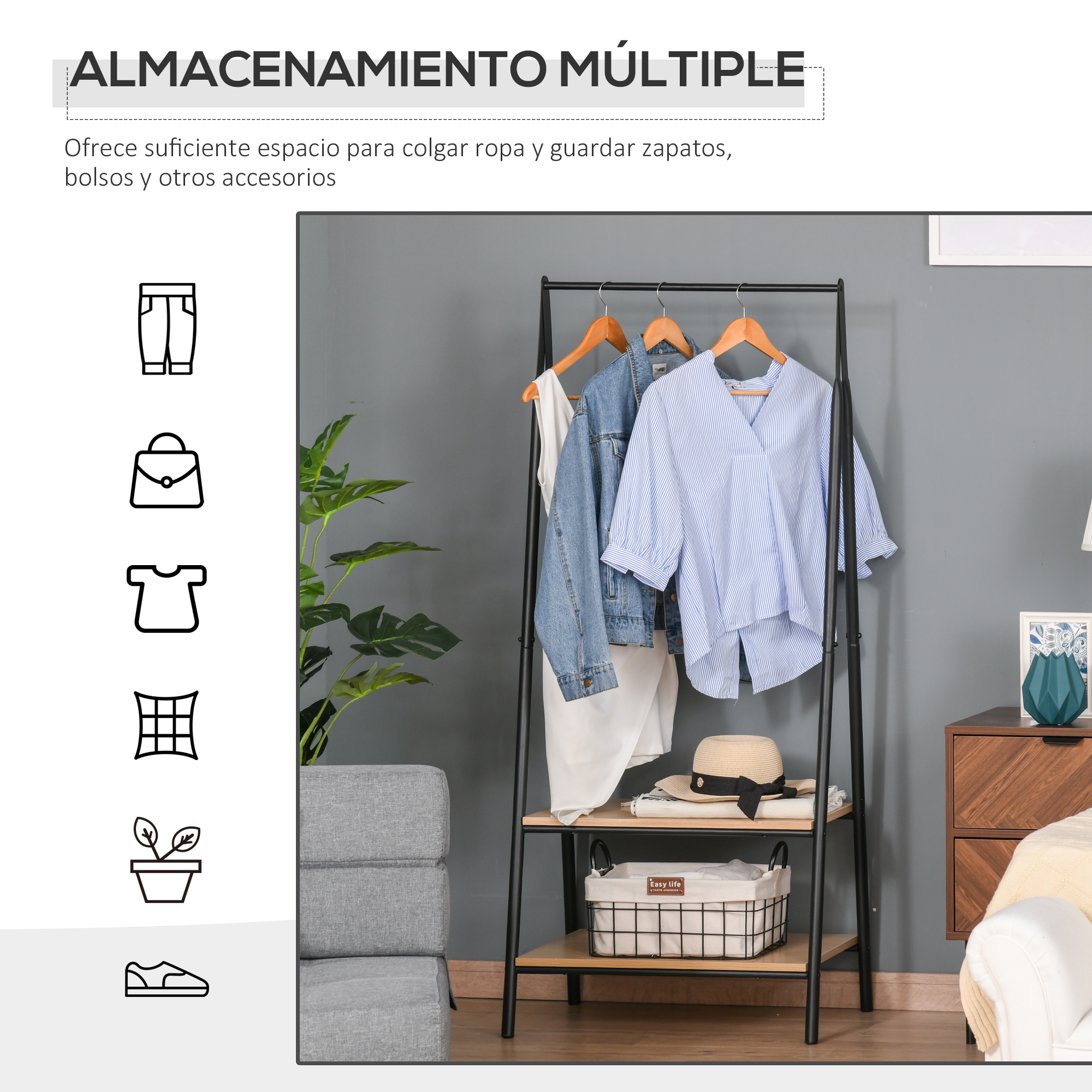 Perchero con ropa, sombrero, cesta y planta. Estantes de madera.