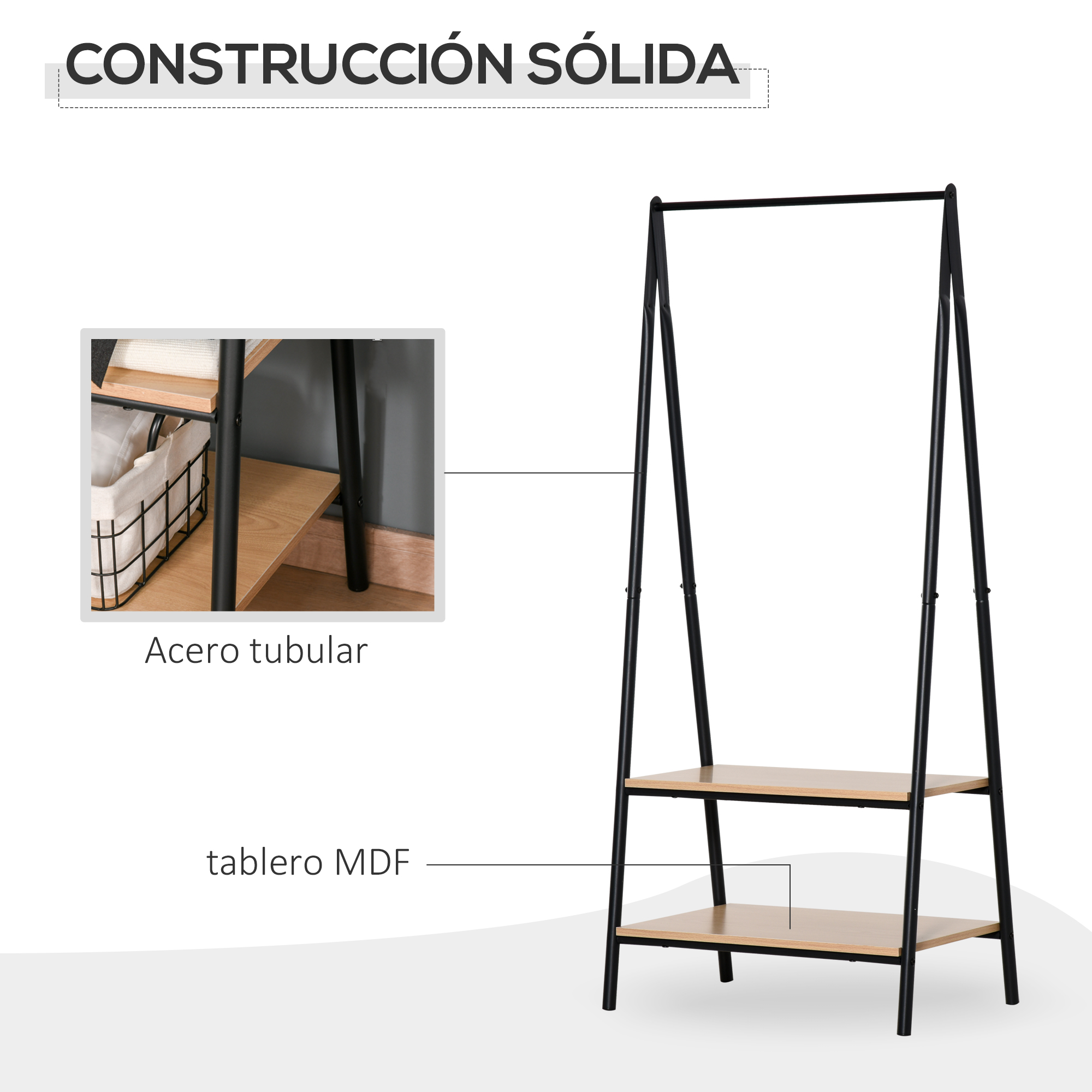 Perchero de metal negro con dos baldas de madera.