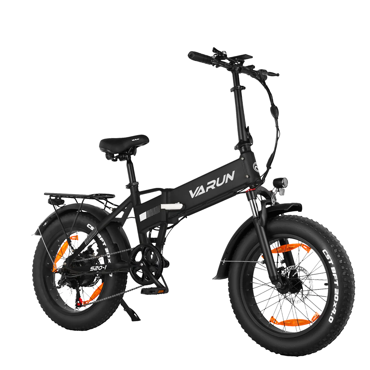 Czarny, składany rower elektryczny z grubymi oponami i bagażnikiem.