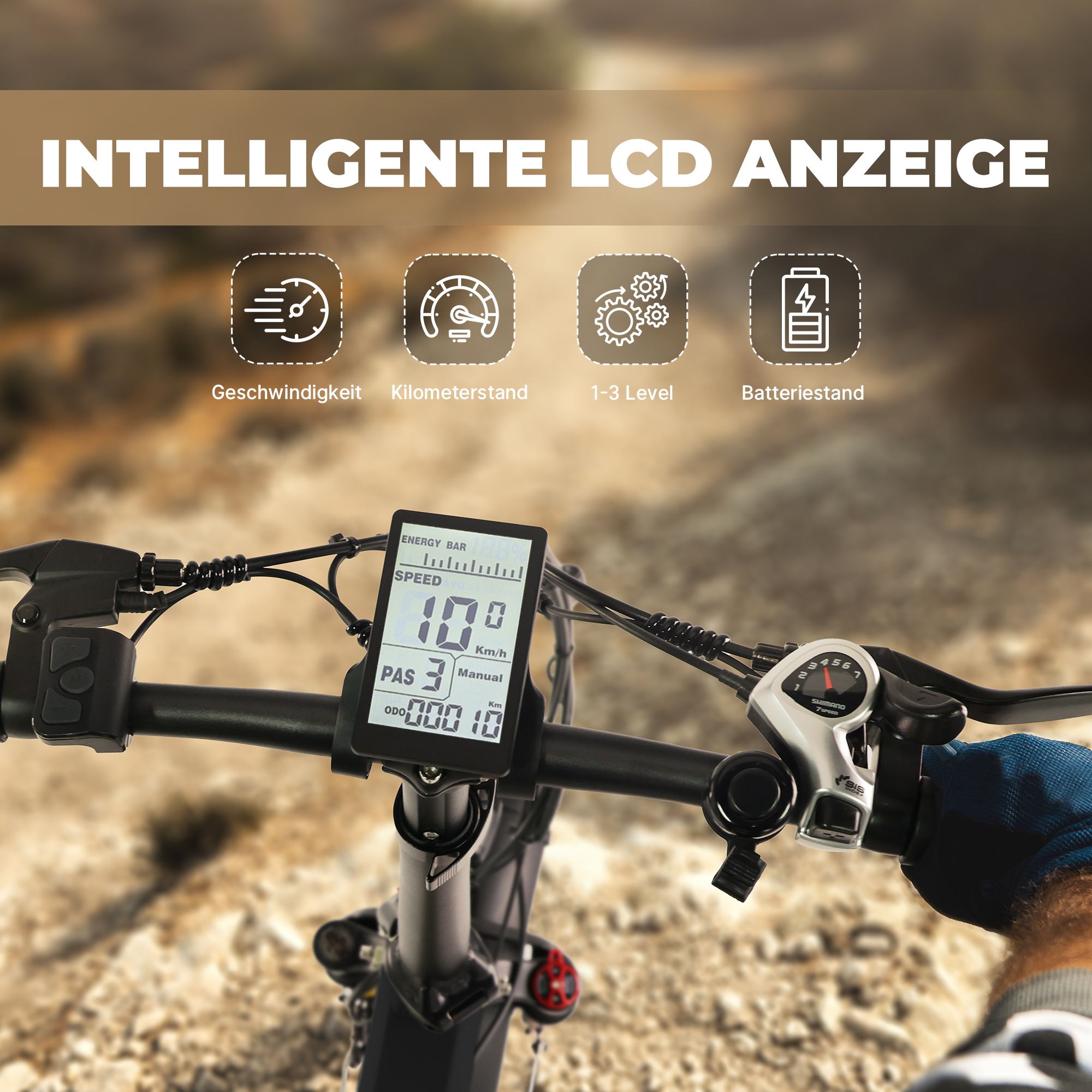 Kierownica roweru z wyświetlaczem LCD pokazującym prędkość, przebieg i poziom baterii.