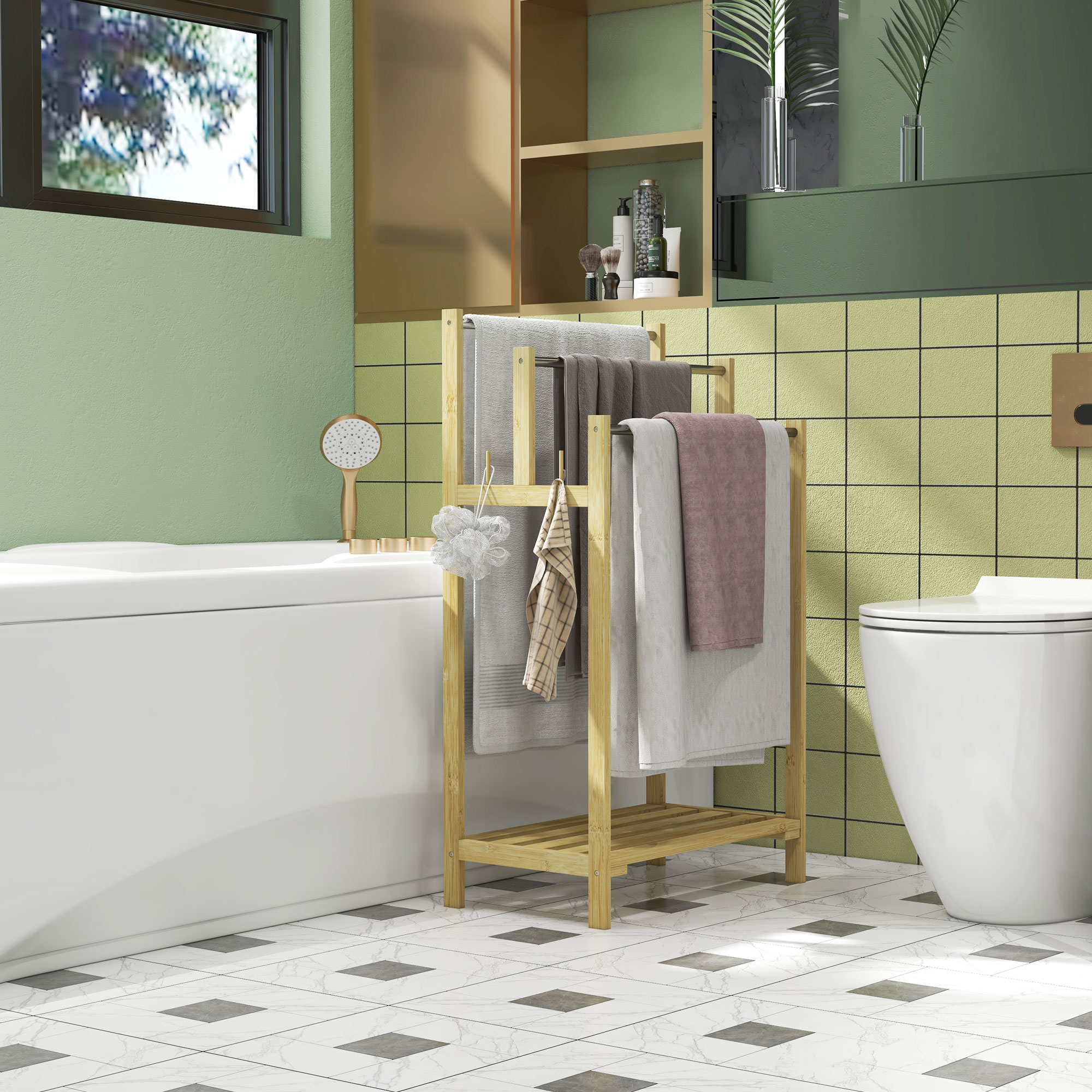 Baño con bañera, inodoro, toallero y ventana.