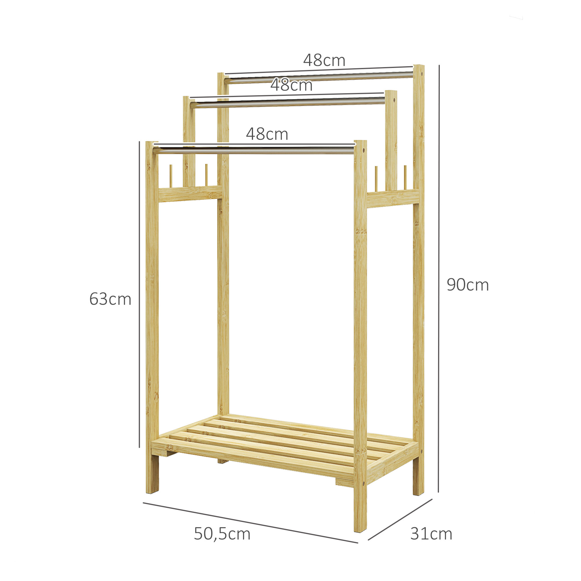 Un toallero de madera con tres barras y un estante. Se proporcionan las dimensiones.