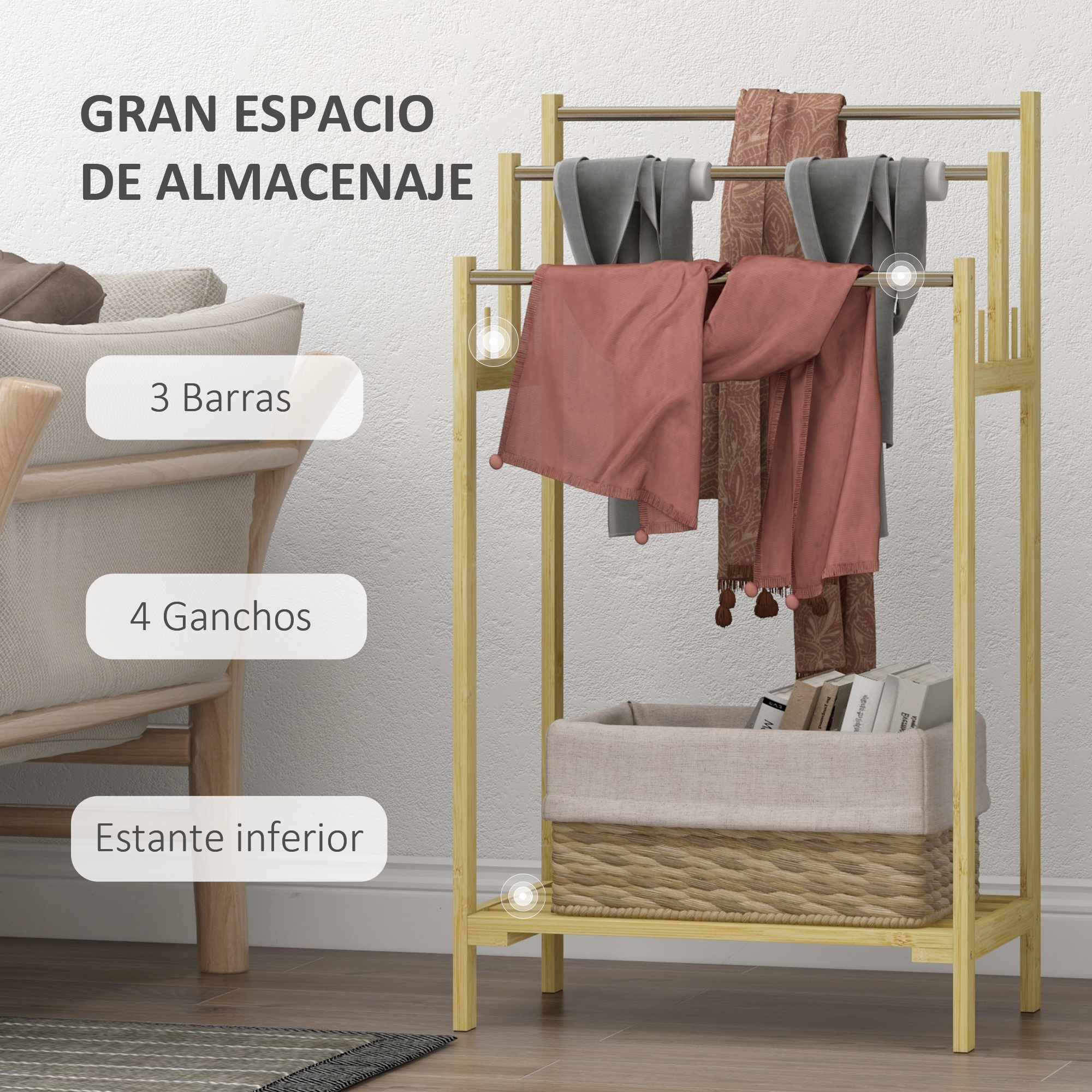 Un tendedero de madera con bufandas, mantas y una cesta de libros.