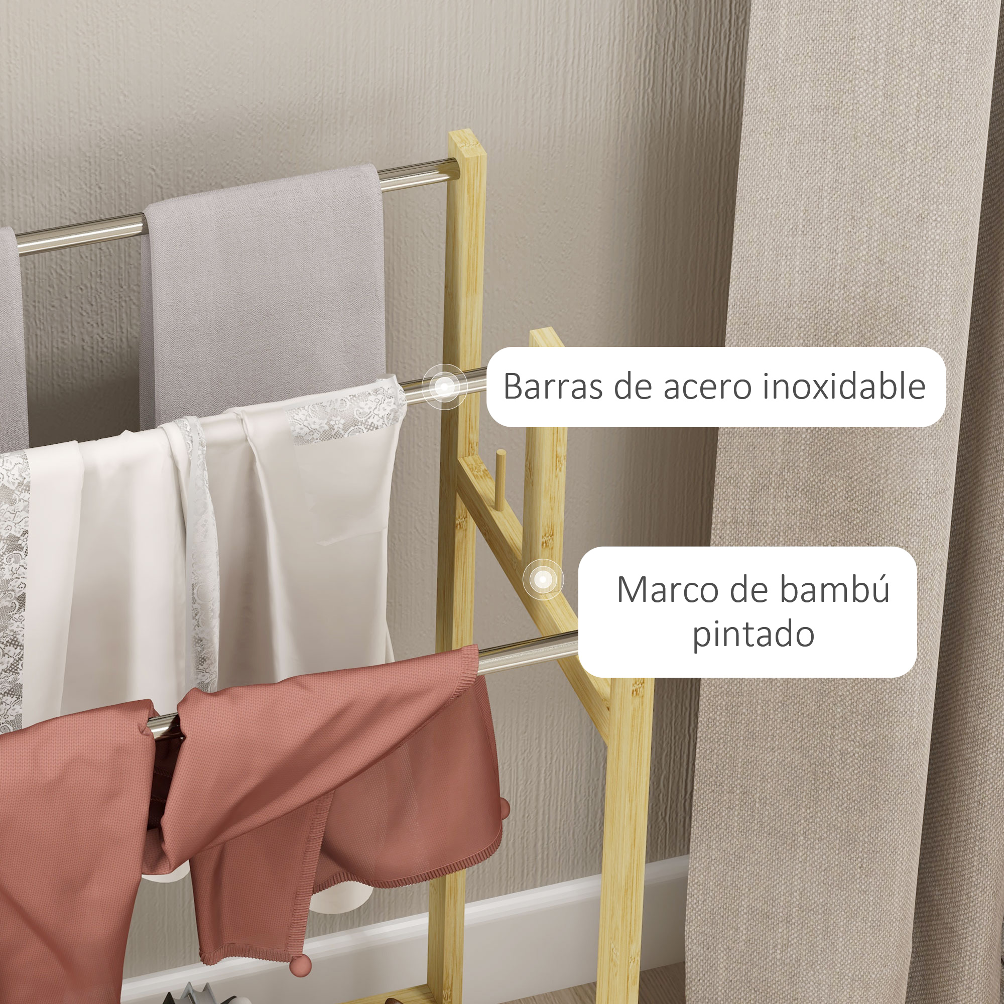 Un soporte de madera con barras de acero inoxidable sostiene ropa de varios colores.
