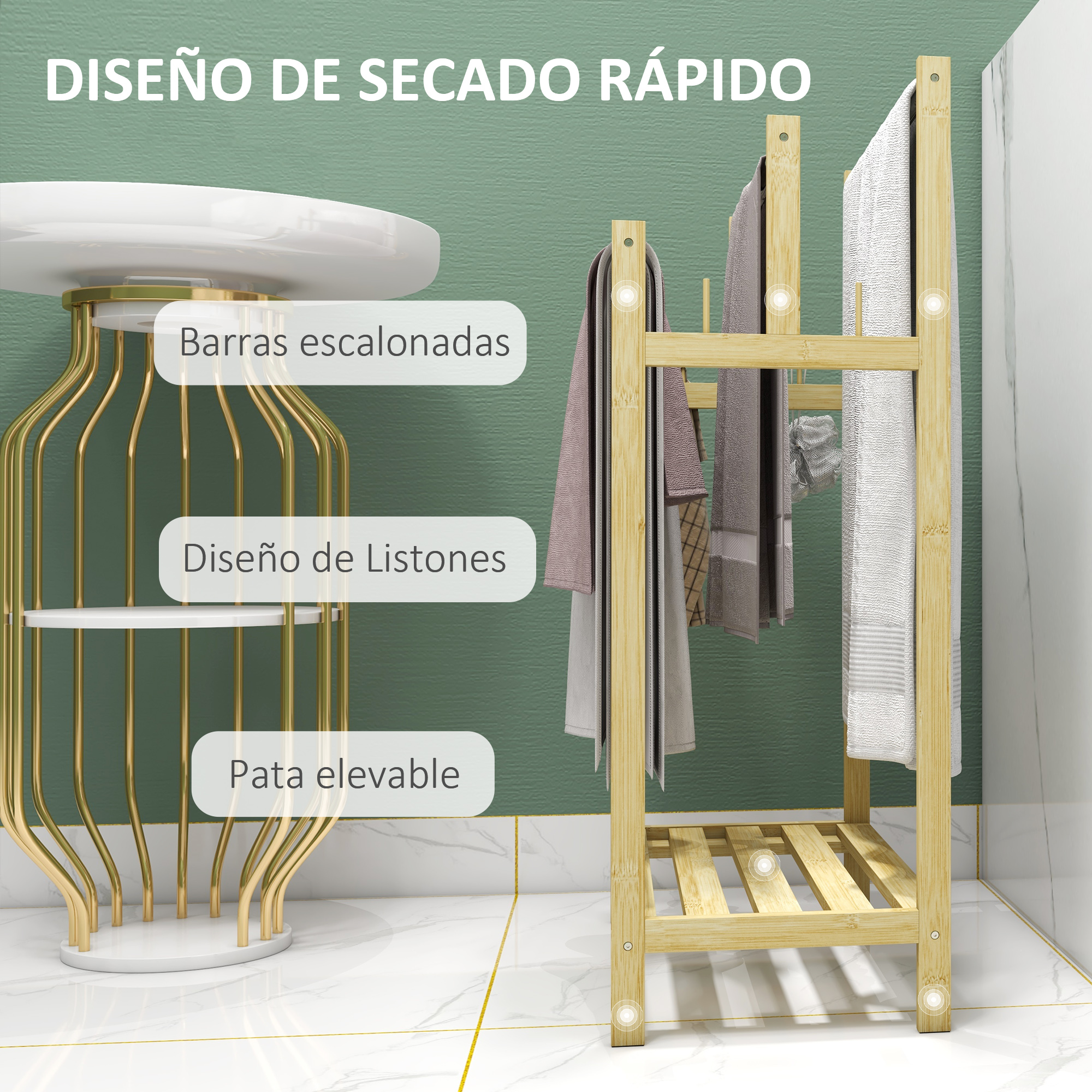 Un toallero de madera con varias toallas en un baño.