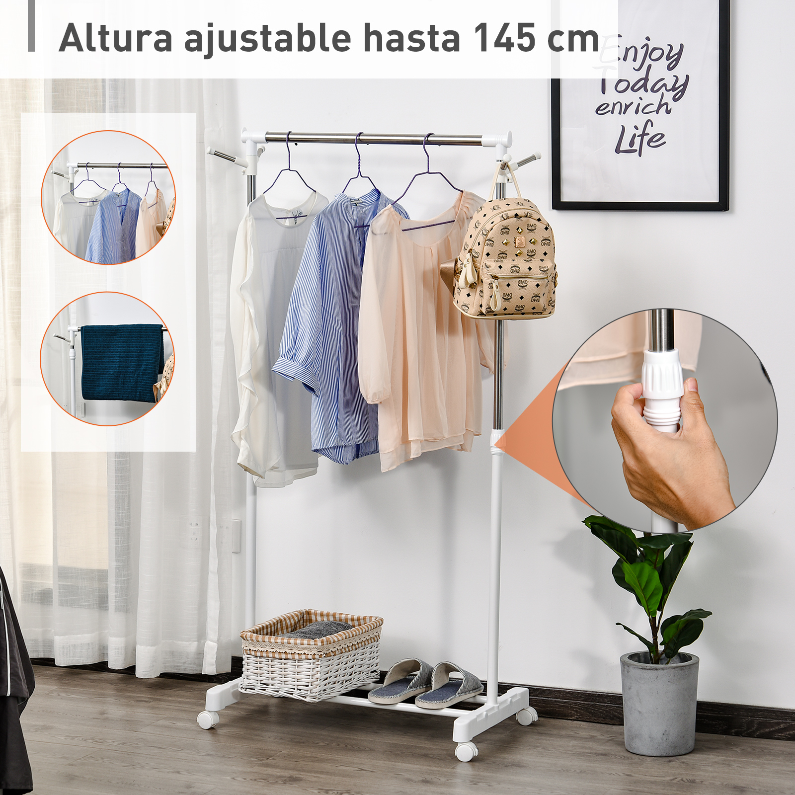 Un perchero con ropa, mochila, cesta y zapatos.