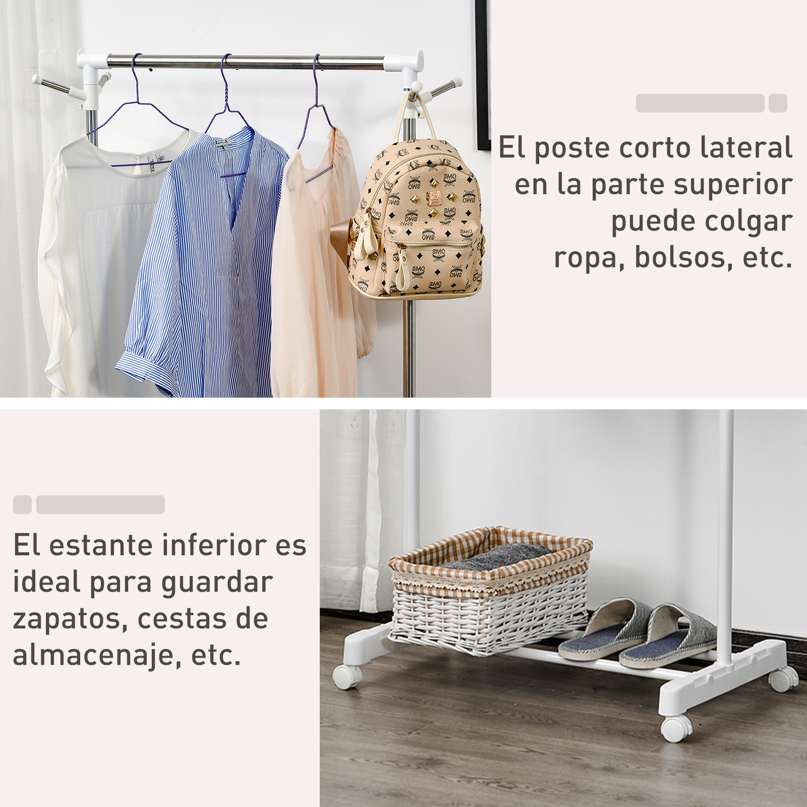 Perchero con ropa, mochila, cestas y zapatos.