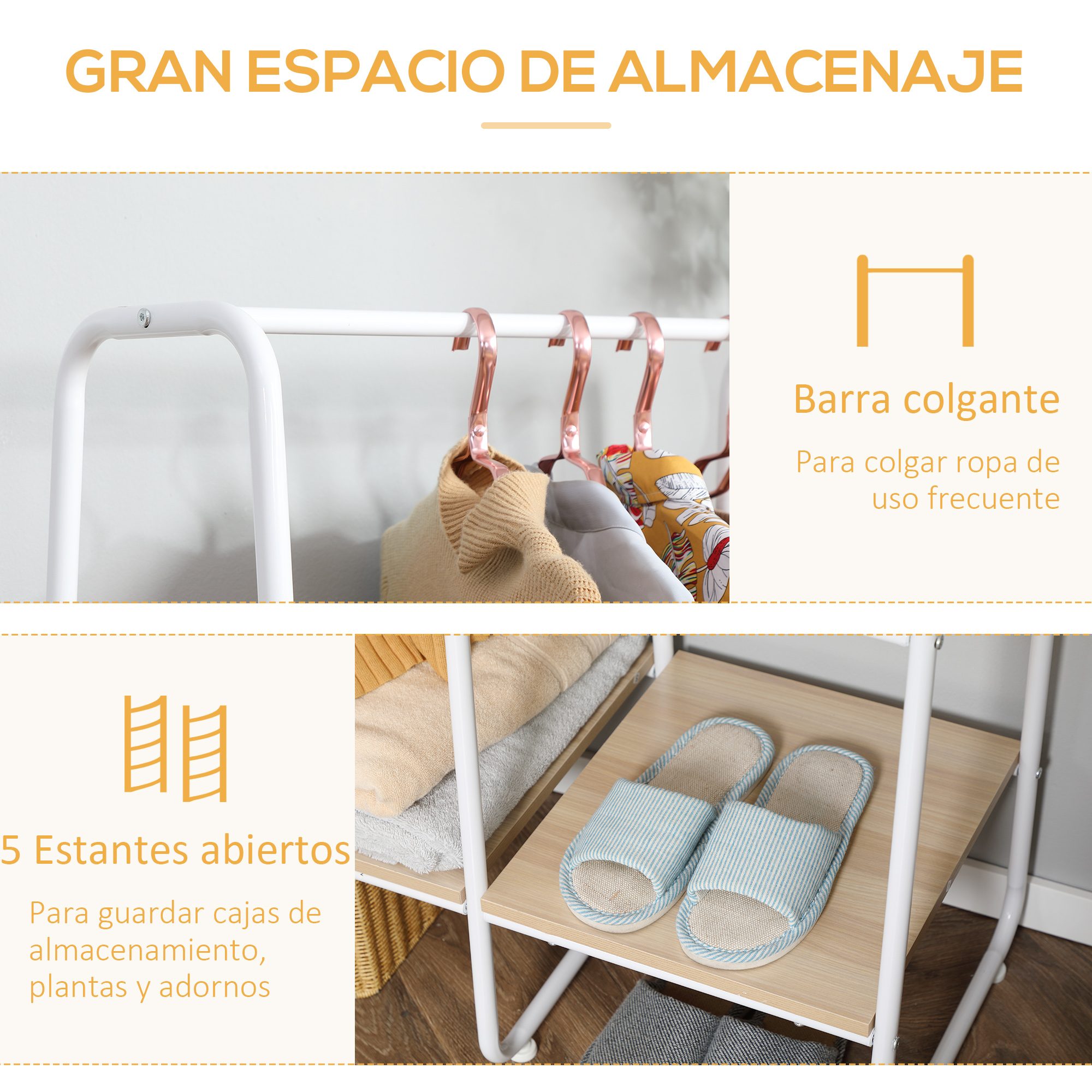 Estante blanco con ropa en perchas y zapatillas en estantes. Texto: Gran espacio de almacenamiento.