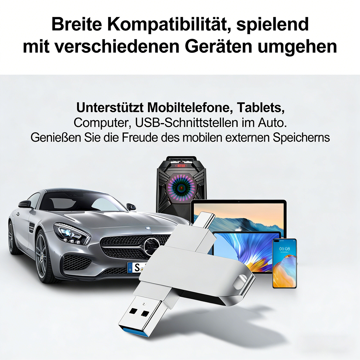 Silberner USB-Stick mit verschiedenen Geräten und Auto.