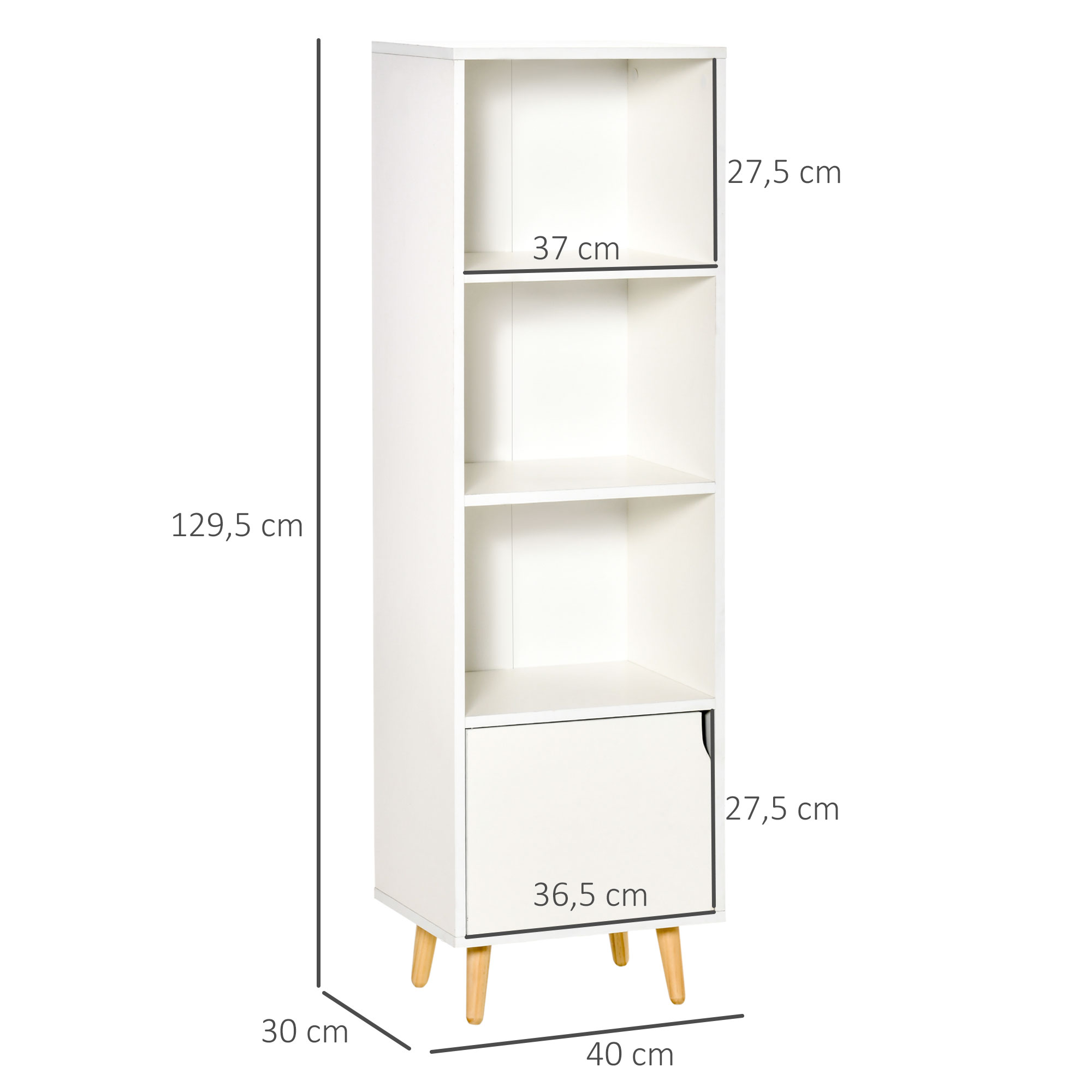 Una estantería blanca con cuatro baldas y patas de madera.