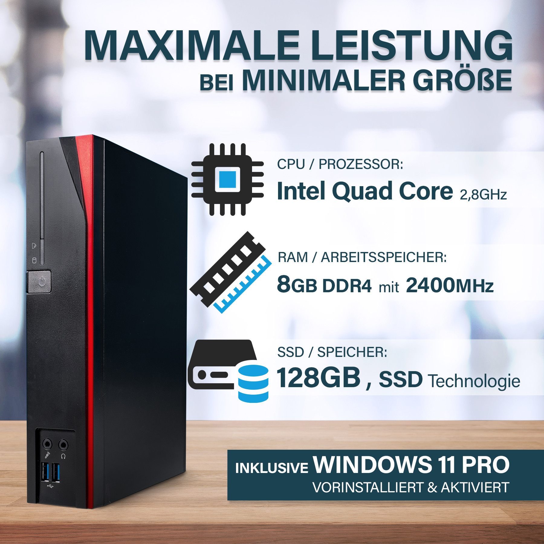 PC nero con striscia rossa, Intel Quad Core, 8GB RAM, SSD 128GB, Windows 11 Pro.