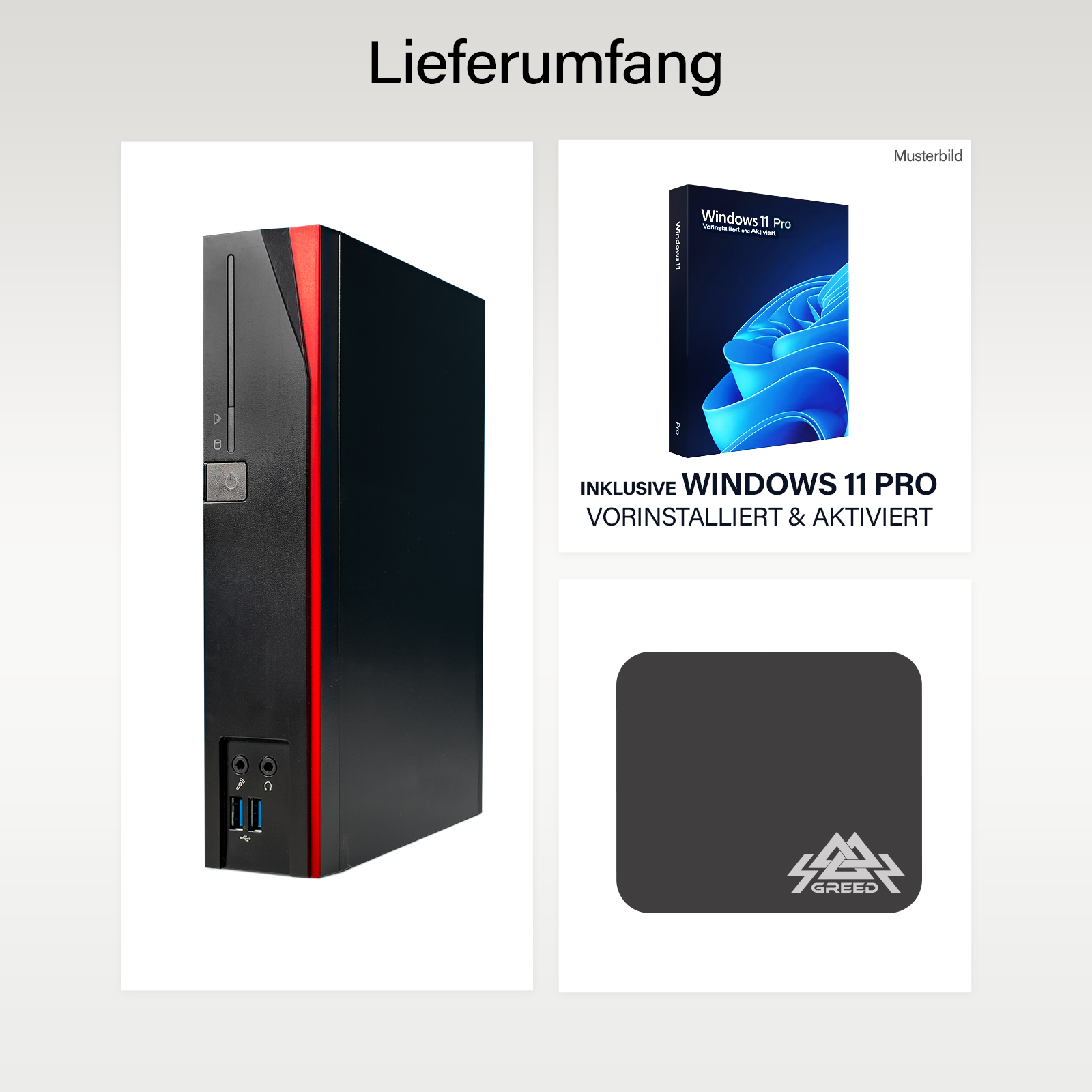 PC nero con striscia rossa, scatola Windows 11 Pro e tappetino.