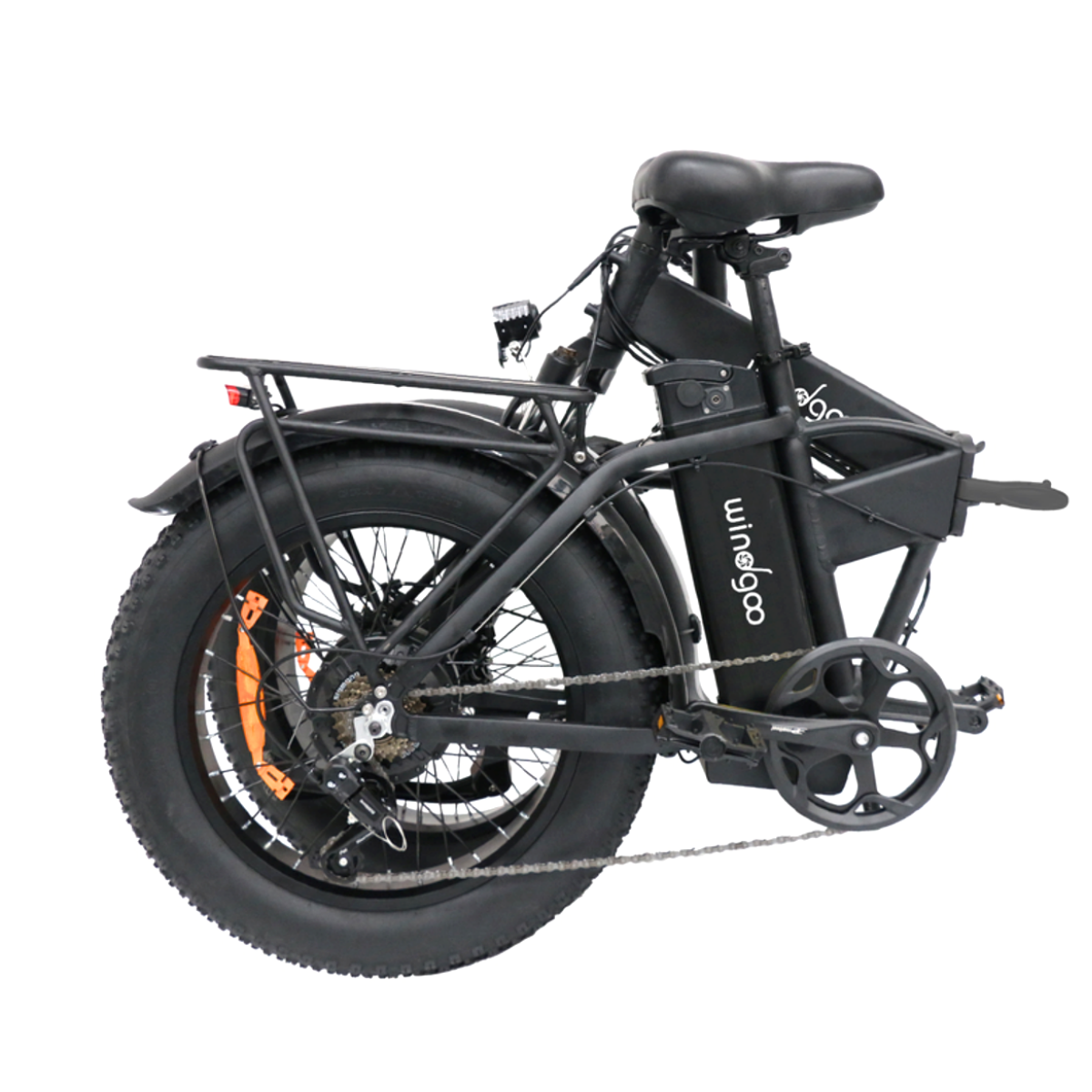 Czarny składany rower elektryczny typu fatbike z bagażnikiem i światłami.