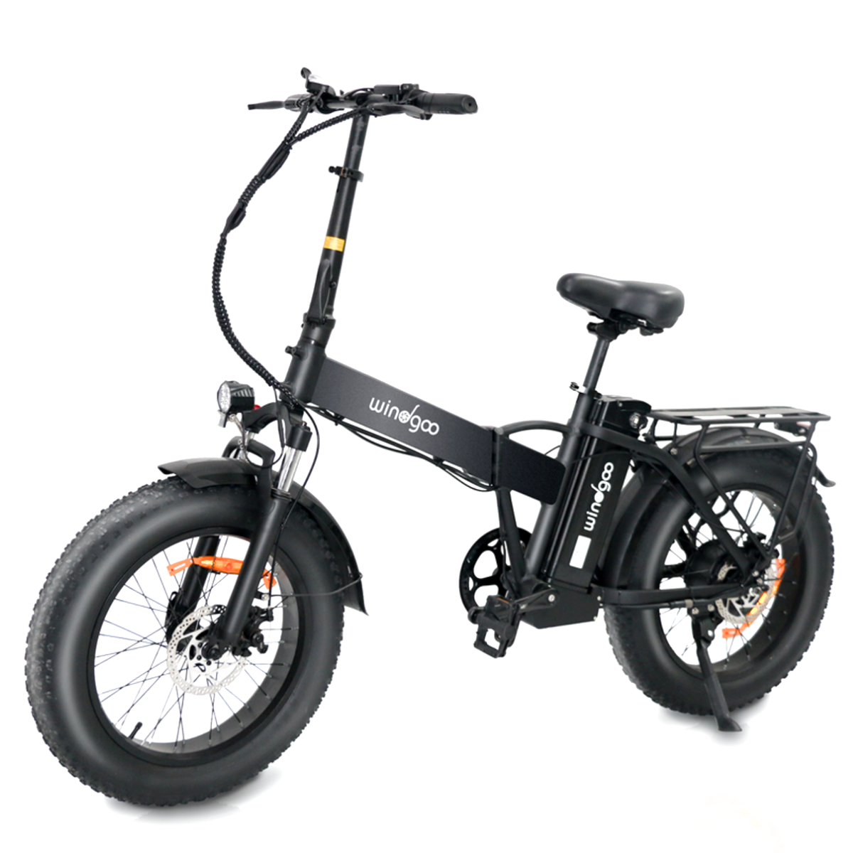 Czarny składany rower elektryczny fatbike z bagażnikiem i światłem.