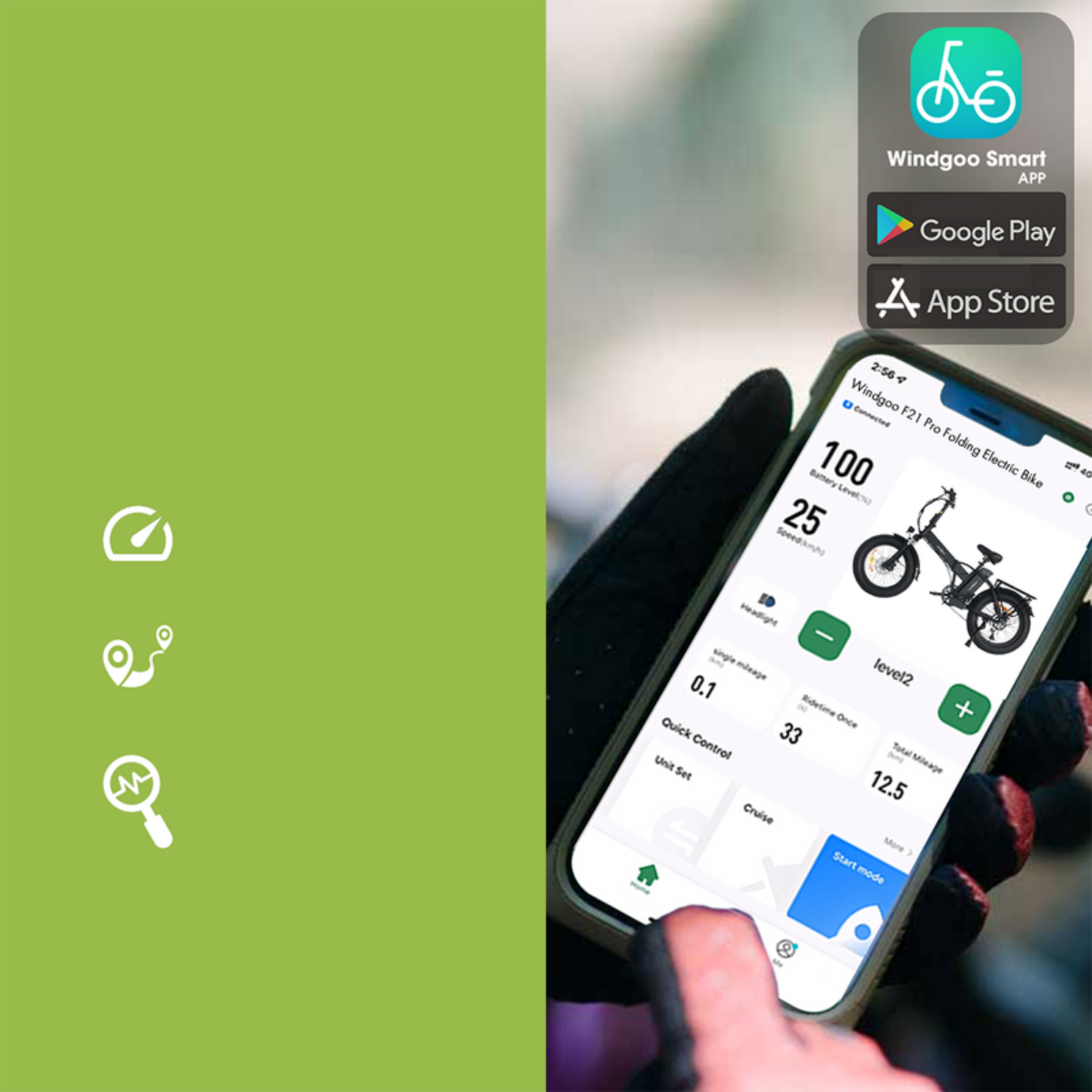 Telefon wyświetla aplikację Windgoo Smart ze szczegółami roweru elektrycznego.