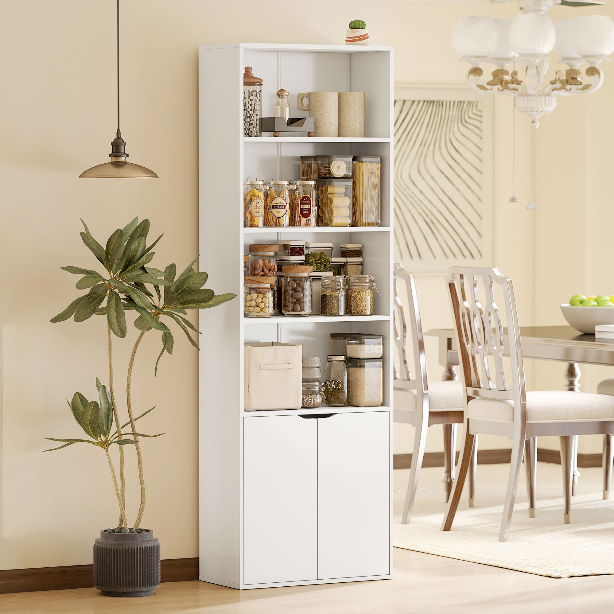 Un estante blanco con alimentos, junto a una planta y mesa de comedor.