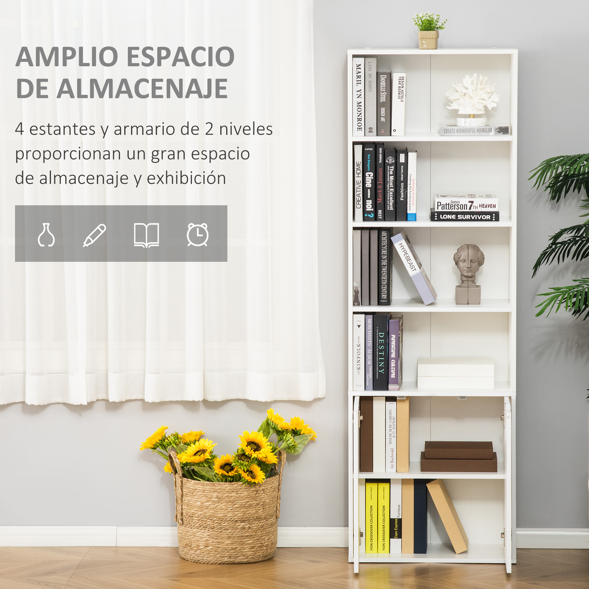 Una estantería blanca con libros, una estatua y un jarrón de girasoles.
