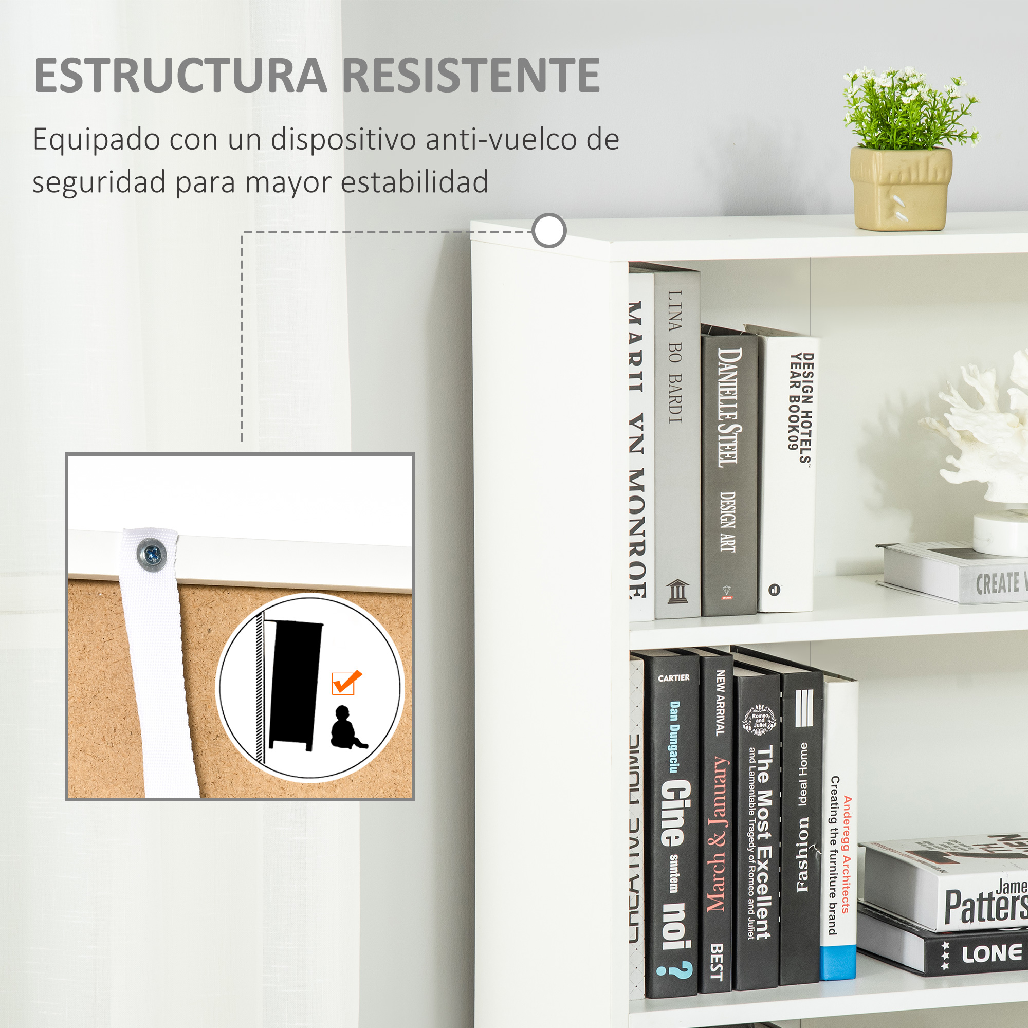 Estante blanco con libros y planta en maceta. Se muestra dispositivo de seguridad antivuelco.