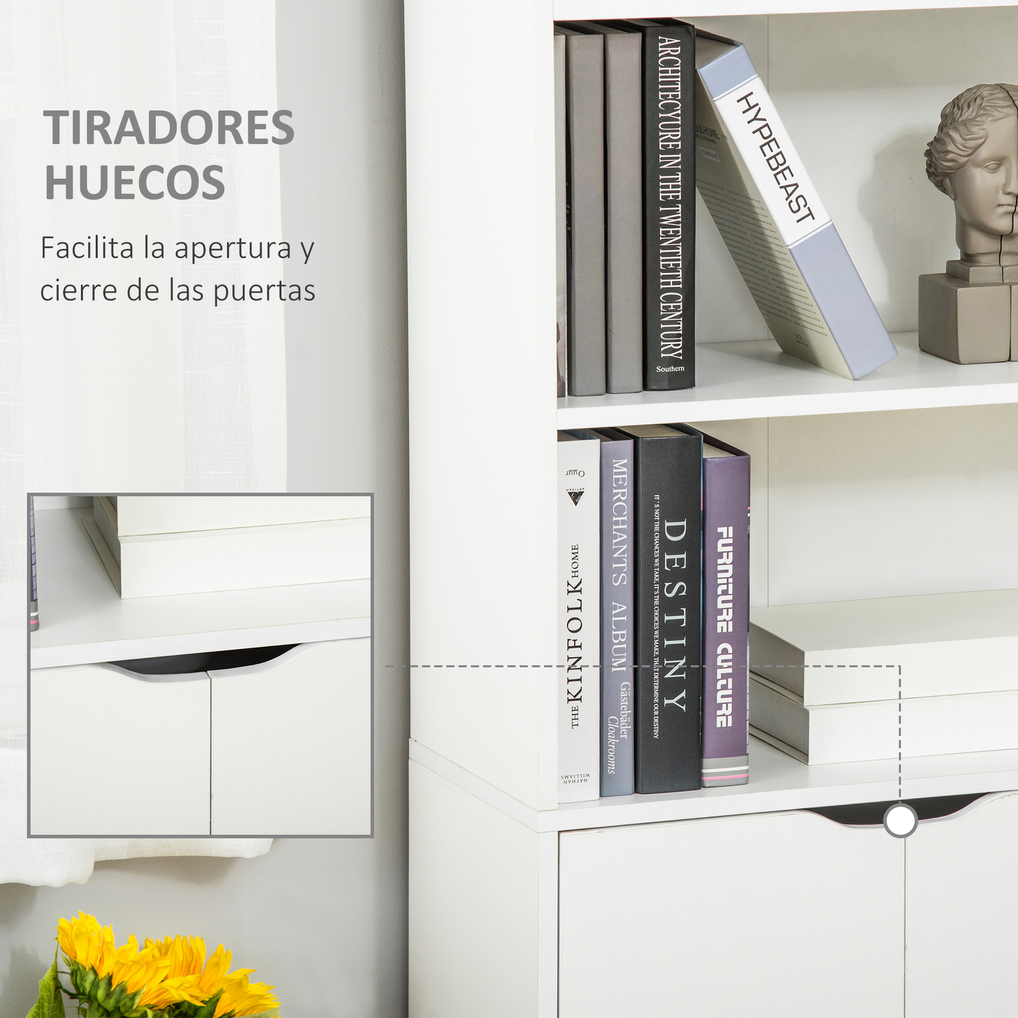 Estantería blanca con libros y un busto. Cajones blancos en la parte inferior.