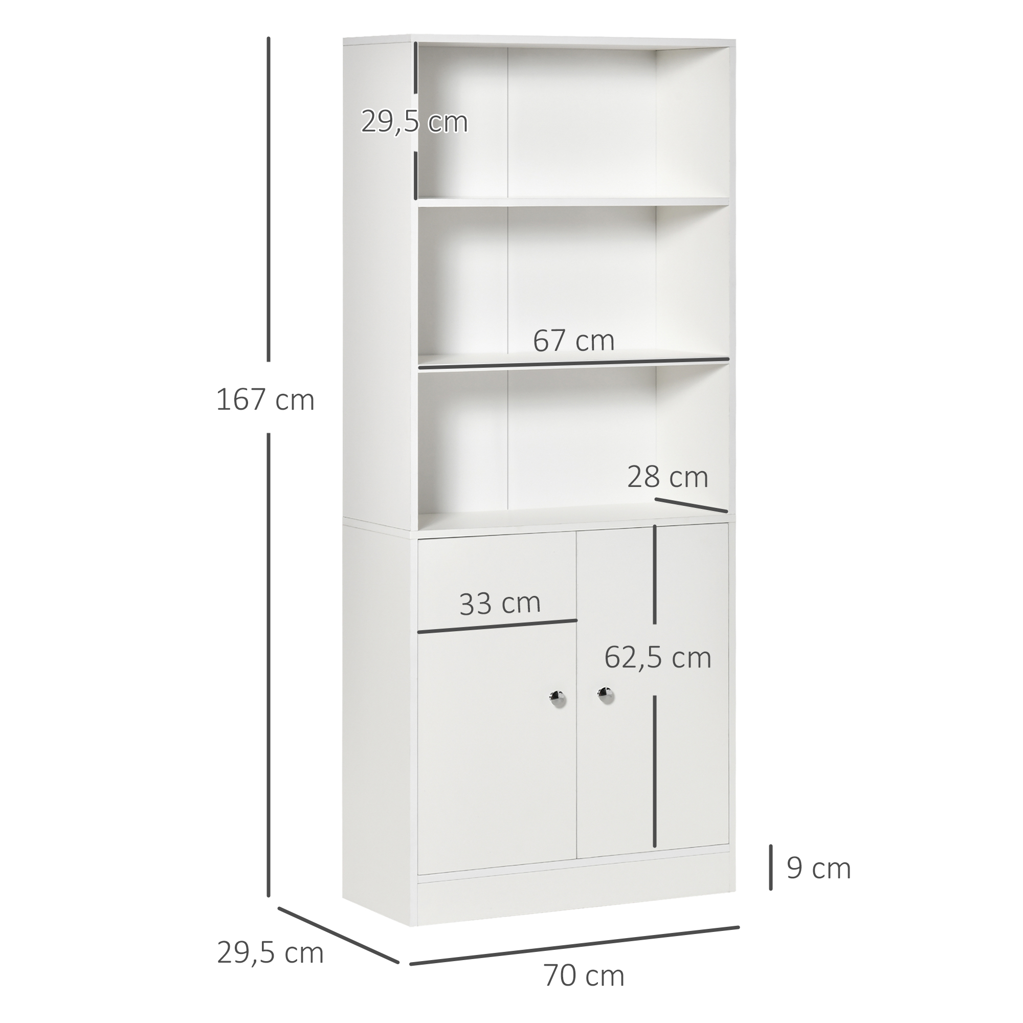 Una estantería blanca con dimensiones, 167 cm de alto, 70 cm de ancho.