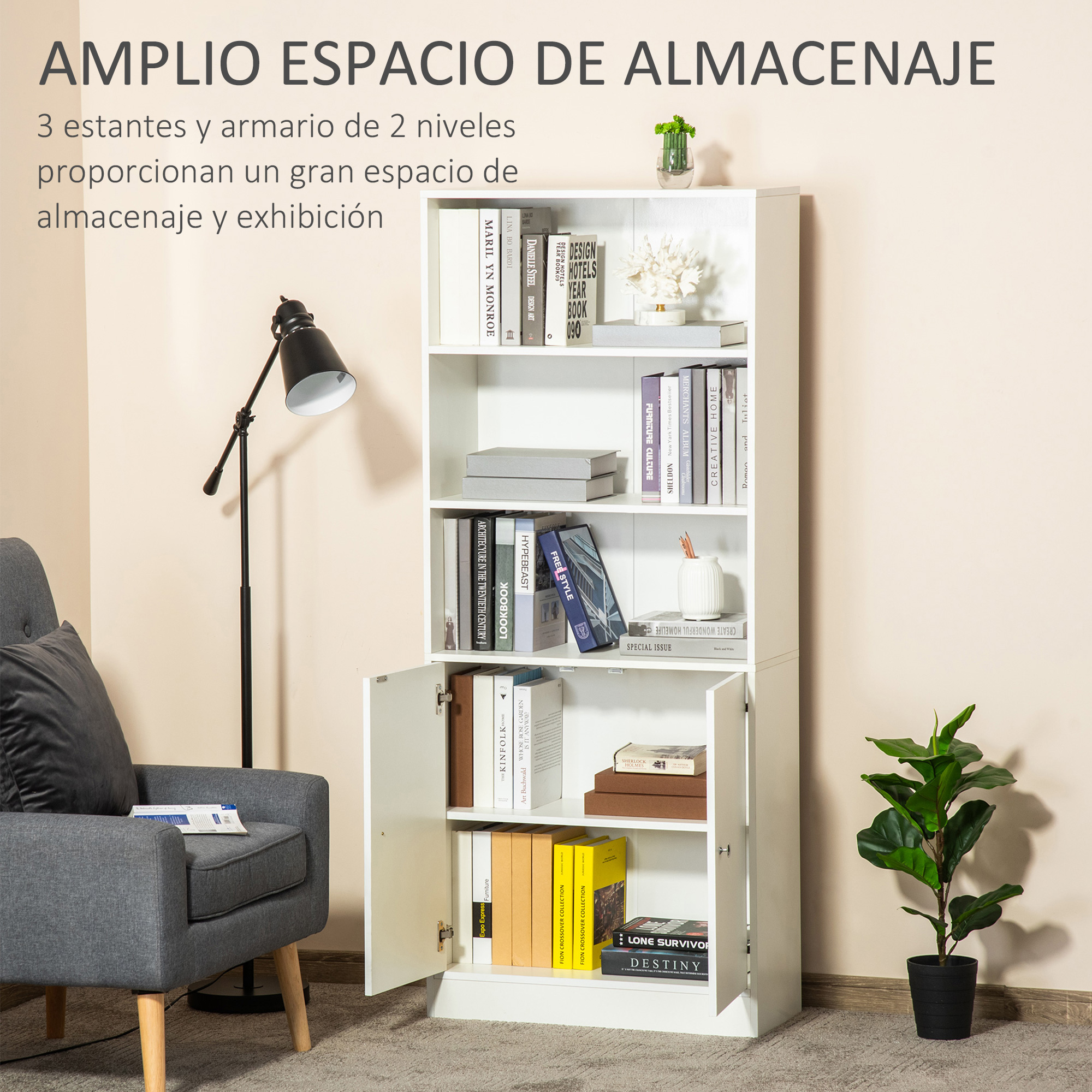 Una estantería blanca con puertas abiertas, llena de libros y decoración.