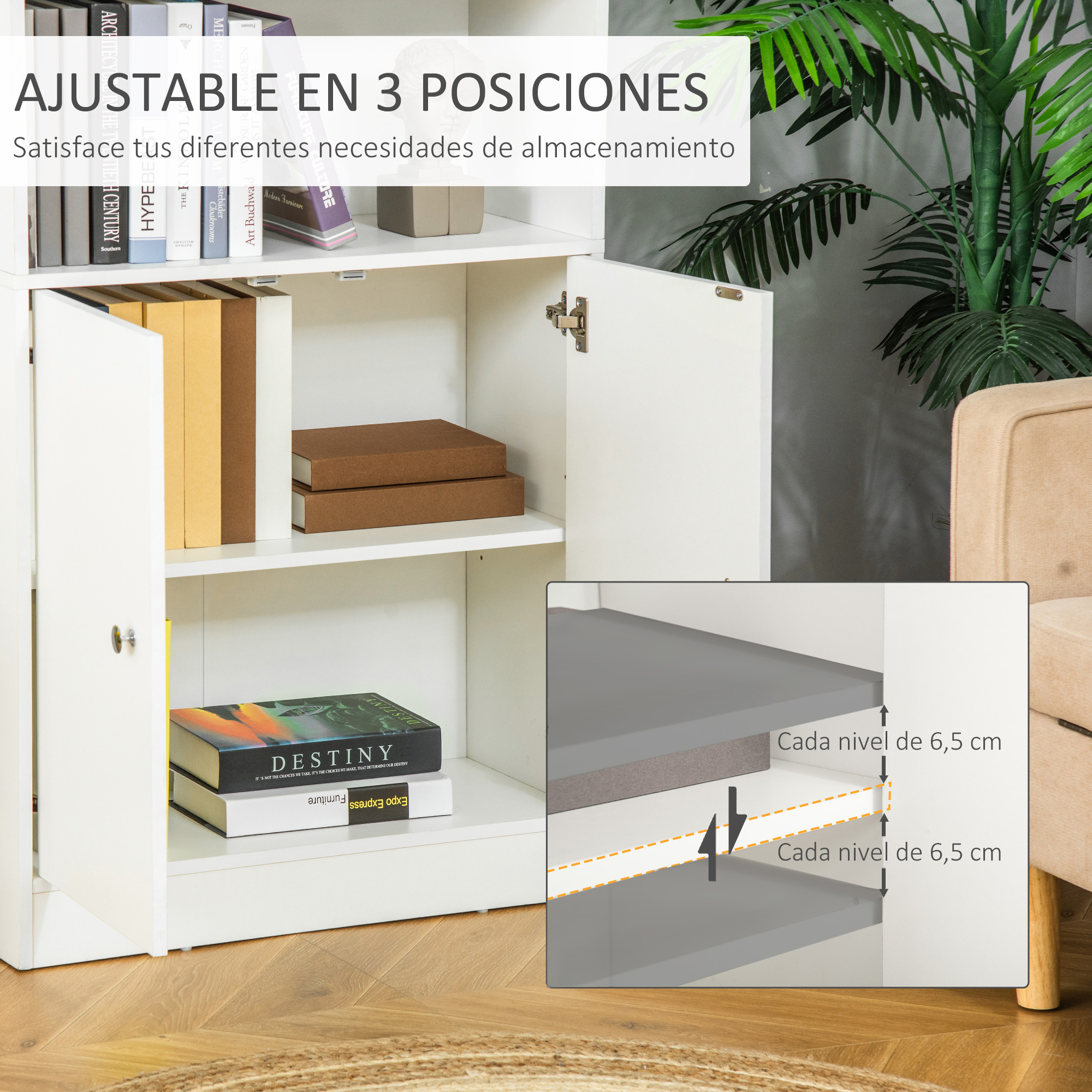 Una estantería blanca con libros y un primer plano de las alturas de los estantes.