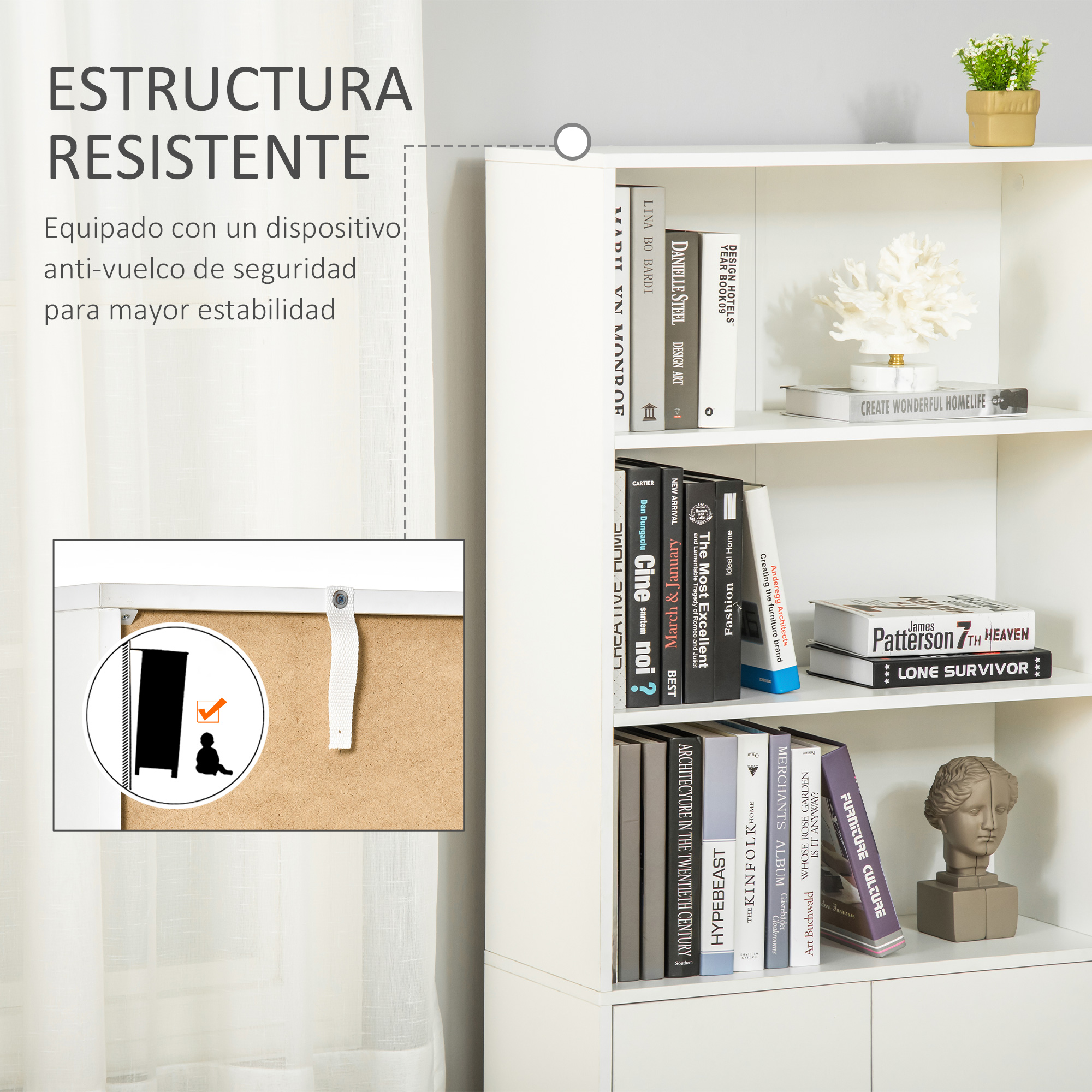 Estantería blanca con libros, plantas y decoración. Texto a la izquierda sobre estructura estable.